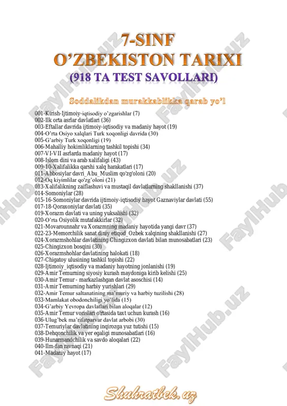 zmshoh afrig' zarb qilgan tanganing bir tarafiga shoh orqasiga....tasviri tushirilgan edi. a) burgut b) arslon c) suvoriy d) shohbozlochin 5. abu rayxon beruniyning yozishicha xorazmshoh unvonini dastlab qaysi sulola qabul qilganlar? a) afrig'iylar b) anushteginiylar c) siyovushlar d) ma'muniylar 6. beruniyning ma'lumotiga ko'ra xorazmshoh unvonini kim birinchi bo'lib olgan? a) xusrav b) farasman - c) saksafar - d) kayxusrav - 7. ma'lumotlarga ko'ra xorazmni quyidagi qaysi sulolalar boshqargan? a) anushteginiylar b) oltintoshlar c) afrig‟iylar d) ma'muniylar e) hammasi 8. ma'lumotlarga ko'ra xorazmni ma'muniylardan keyin qaysi sulola boshqargan? a) anushteginiylar b) ma'muniylar c) afrig‟iylar d) oltintoshlar 9. qo'lida burgut qo‟ndirilgan ushlagan hukmdor haykali qaysi manzilgohdan topilgan? a) ellikqal‟a b) kat c) tuproqqal‟a d) anqaqal‟a 10. qo‟lida lochin tutgan tojdor kishi tasviri tushurilgan tanga qayerdan topilgan? a) tuproqqal‟a b) kat c) ellikqal‟a d) anqaqal‟a 11. xorazmning vi asrning 60-yillarida vizantiya va turklar bilan diplomatik aloqalar olib borganligi haqida yozib qoldirgan tarixchini aniqlang? …