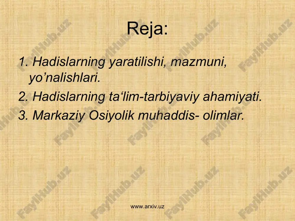 rchaga salom bermoq, 3. kambag’alligida ham sadaqa berib turmoq, to’rt illat kimda bo’lsa, munofiq sanalgan bo’lar: 1. omonatga xiyonat qilmoq, 2. so’zlasa yomon so’zlagan, 3. urushib qolsa kek saqlaganlar. islomda 2 xil ilm haqida fikr yuritiladi: 1. huquqiy (fiqx), diniy yo’l-yo’riqlar ilmi, 2. dunyoviy ilmlar. www.arxiv.uz www.arxiv.uz «ilmning ofati unutishdir. uni noahil kishiga gapirish esa uni zoe qilishdir»,-deb ta’kidlangan. hadislar mazmunan har bir kishining ishonchini, e’tiqodini mustahkamlaydi va insonni ma’naviy kamolotga yo’llaydi www.arxiv.uz www.arxiv.uz