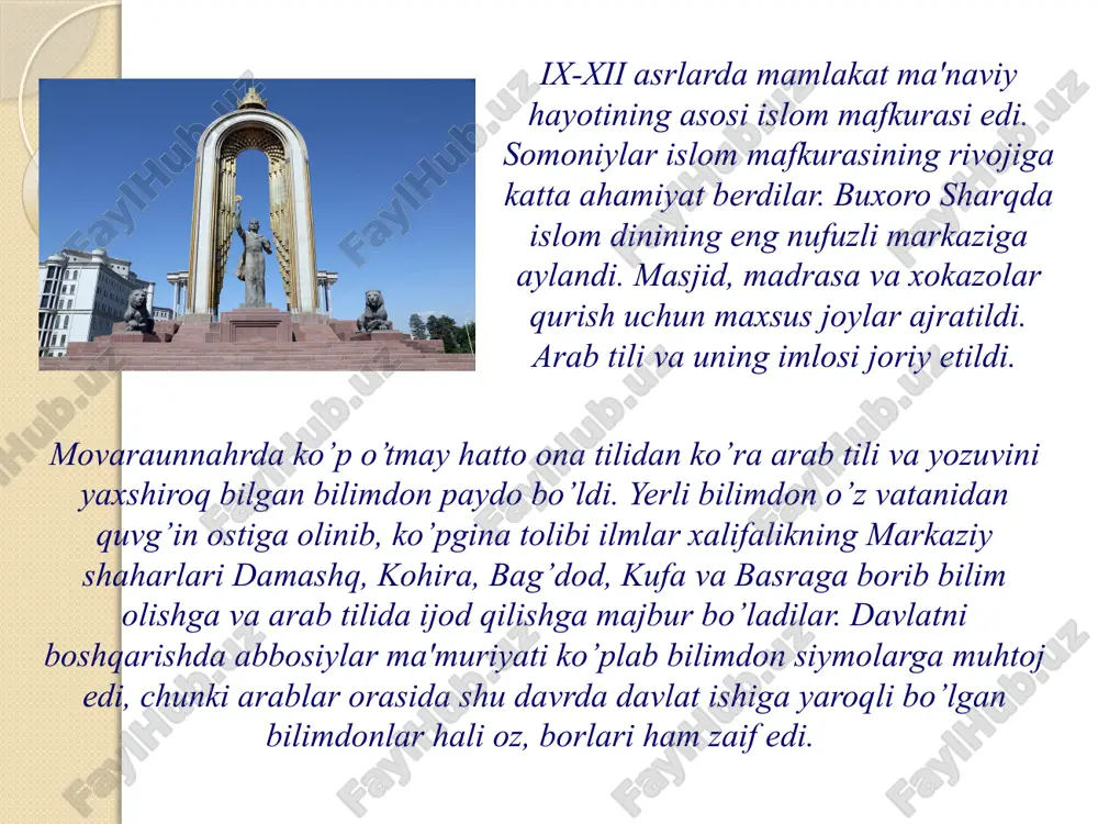 ik san'ati ham gurkirab rivojlandi. buxoroda dehgoron, masjidi imom namozgoh, mag’ohi attoriy masjidlari, surxondaryodagi jarqo’rg’on minorasi, ko’hna urganch faxriddin roziy maqbarasi marvdagi sulton sahjar maqbarasi, palxojanbobo masjidi va boshqa yodgorliklar me'morchilik san'atining yorqin namunalari hisoblanadi. xiii asrning boshlariga kelib (1206-1215) mo’sulistonda chingizxon hukmronligida ko’chmanchi mo’g’ullarning ulkan davlati paydo bo’ldi. bu davrda o’rta osiyo hududlarida xorazmshohlar davlati mavjud bo’lib, o’zaro urushlar va boshbodoqlik oqibatida bu qudratli saltanati inqirozga yuz tuta boshlagan davr edi. asrlar davomida moddiy va ma'naviy madaniyati rivojlanib kelgan o’rta osiyodagi ko’pgina shaharlar buxoro, samarqand, xo’jand, termiz, o’tror, o’zgand, urganch kabilar vayronaga aylantirildi. dehqonchilik vohalari xarobazorga aylandi. mo’g’ul bosqinchilari mahalliy aholiga ham ularning madaniyatiga ham hech bir shavqat qilmadilar chingizxon bilan muhammad xorazmshoh o’rtasida qisqa muddat (1215-1218) elchilik munosabatlari davom etgan bo’lishiga qaramay bu munosabatlar oxir oqibat fojiali tugadi. mo’gul bosqini davrida inqirozga yuz tutgan fan-adabiyot, ma'rifat va madaniyatning ayrim tarmoqlari ham tiklana boshladi. xiii asrda buxoroda , “mas'udiya …