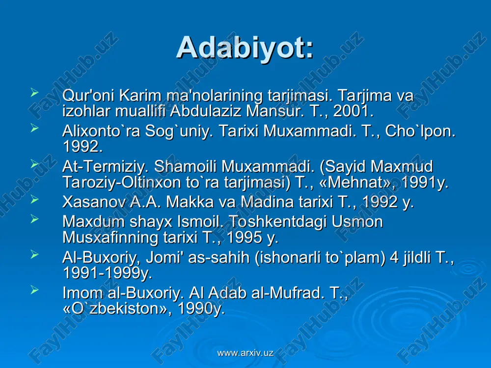 farishtadir» (islom ma'rifati. t. 2005 67 bet). www.arxiv.uz www.arxiv.uz payg`ambarlar islom dinida payg`ambarlarga imon keltirish buyurilgan. «payg`ambar» so`zi fors tilidan «payg`om (xabar)» va «baridan (tashuvchi)» so`zlarining birikmasidir. islomiy e'tiqodga ko`ra payg`ambarlik allohning bandalariga bergan eng buyuk lutfidir. insonlik darajasining eng yuksak cho`qqisidir islom dini aqidalarida aytilishicha 124 ming payg`ambar yashab o`tgan. shulardan 25 tasining nomi qur'oni karimda keltirilgan. payg`ambarlar rasul - elchi va nabiy - xabar beruvchilarga bo`linadi. shulardan 313 tasi rahmatilla qori obidov keltirishicha rasul payg`ambarlar bo`lib, qolganlari nabiylardir www.arxiv.uz www.arxiv.uz muqaddasligiga shak-shubha bo`lmagan kitoblar odam (a.s) ga 10 ta, idris (a.s) ga 30 ta, ibrohim (a.s) ga 10 ta shis (a.s)ga 50 sahifalik kitob jami 100 sahifa hamda musoga tavrot, dovudga zabur, isoga injil, muxammad (s.a.v.) ga qur'on kitoblari nozil qilingan. www.arxiv.uz www.arxiv.uz oxirat islom dinida musulmonlarni oxiratga ishonib yashashlari iymon butligidan dalolatdir. qur'on ta'kidlab o`tadiki, oxirat hayoti - bu dunyo hayotidan yaxshidir. har bir musulmon uchun ko`zlagan …