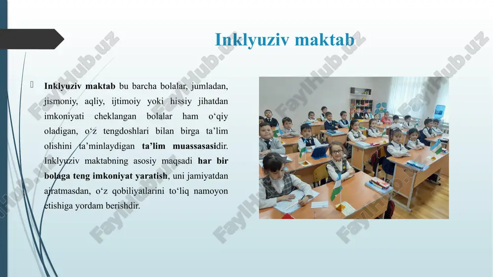 nklyuziv maktablar faoliyat ko‘rsatmoqda. inklyuziv maktablarda duch kelinadigan muammolar o‘qituvchilarning yetarli malakaga ega emasligi. maxsus jihozlar va infratuzilmaning cheklanganligi. ota-onalarning ba’zi hollarda qarshiligi. bolalarning o‘zaro muloqotida psixologik to‘siqlar. ammo ushbu muammolarni hal etish uchun davlat, jamoatchilik va xalqaro tashkilotlar hamkorlikda ishlamoqda. inklyuziv maktablarning ijtimoiy ahamiyati nogironligi bo‘lgan bolalarning hayot sifatini yaxshilaydi. jamiyatda tenglik va bag‘rikenglik madaniyatini mustahkamlaydi. shaxsning ijtimoiy integratsiyasini tezlashtiradi. inson kapitalining rivojlanishiga hissa qo‘shadi. o‘zbekiston respublikasida inklyuziv ta’lim siyosati o‘zbekiston so‘nggi yillarda inklyuziv ta’lim sohasida tub o‘zgarishlarni amalga oshirmoqda. 2020–2025 yillarga mo‘ljallangan inklyuziv ta’limni rivojlantirish konsepsiyasi qabul qilingan. maktablarda “resurs markazlari” tashkil etilib, ular maxsus ehtiyojli bolalarga metodik va psixologik yordam ko‘rsatadi. toshkent pedagogika universiteti hamda boshqa oliygohlarda inklyuziv ta’lim bo‘yicha o‘qituvchilar tayyorlanmoqda. respublikaning turli hududlarida tajriba tariqasida inklyuziv sinflar faoliyat yuritmoqda. xulosa xulosa qilib aytganda, inklyuziv maktab bu faqat ta’lim berish joyi emas, balki jamiyatda inson qadrini ulug‘laydigan, farqlarni boylik deb biladigan, hamma bolalarning birgalikda o‘sib, rivojlanishiga …
