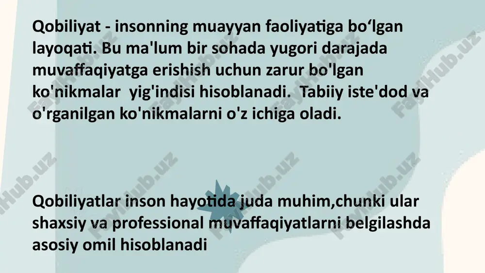 erik tarzda rivojlangan qobiliyatlarni o'rganishga hissa qo'shganlar. b.m.teplov "qobiliyat" tushunchasi har doim uchta belgini o'z ichiga oladi deb ishongan: 1. qobiliyat tushunchasi bir odamni boshqa odamdn ajratib turadigan indivudial psixologik xususiyatlarni tushunamiz. 2. barcha indivudial xususiyatlar qobiliyat deb atalmaydi, ko'plab faoliyatlarning muvaffaqiyati bilan bog' liq. 3. qobiliyat tushunchasi faqat ma'lum bir shaxs tomonidan ishlab chiqilgan,ko'nikmalar bilan chegaralanib qolmaydi. k.k.platonova "qobiliyatlar-bu ma'lum bir faoliyatni o'zlashtirish va uni takomillashtirish muvaffaqiyatini belgilaydigan shaxsiyat sifati"deb ta'riflaydi. turli mualliflar nuqtai nazaridan shuni aytish mumkinki,odam ma'lum bir faoliyatga qodir bo'lib tug'ilmaydi,uning qobiliyatlari to'g'ri tashkil etilgan tegishli faoliyatdashakllanadi,rivojlanadi qobiliyatlar-bu tug'ma ta'lim emas, balki butun umr saqlanib qoluvchi iste'doddir. ma'lum bir sohada yuqori cho'qqilarni zabt etishga imkon beradigan turli qobiliyatlar kombinatsiyasi bu iqtidor hisoblanadi. xoxish muvaffaqiyatga erishishga kafolat bermaydi, ammo unga erishish imkonini beradi qobiliyatlar-bu tug'ma ta'lim emas, balki butun umr saqlanib qoluvchi iste'doddir. ma'lum bir sohada yuqori cho'qqilarni zabt etishga imkon beradigan turli qobiliyatlar kombinatsiyasi bu iqtidor …