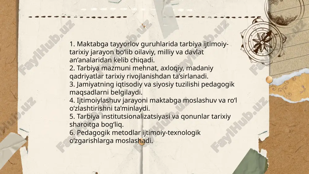 k rejim, muomala soatlari va muammolarni muhokama qilish ijtimoiy ko‘nikmalarni rivojlantiradi. ... t.me/slaydai_bot 8. maktabga tayyorlov guruhlarida emotsional intellektni rivojlantirish bolalarda his-tuygʻularni aniqlash, nomlash va boshqarishni o‘rgatish, empatiya va ijtimoiy muloqot ko‘nikmalarini shakllantirishga qaratilgan. metodlar: 1) his-tuygʻu kartochkalari va rolli oʻyinlar; 2) hissiy lug‘atni boyitish va hikoya-tahlil; 3) nafas olish va o‘zini nazorat qilish mashqlari. ota-ona va oʻqituvchi modeligi, muntazam kuzatuv va baholash, kichik guruhli mashgʻulotlar samaradorlikni oshiradi. maktabga tayyorlov guruhlarida tarbiya ijtimoiy hodisa va pedagogika jarayon ekanligi qalandarova sevinch e'tiboringiz uchun raxmat! image1.png image2.png image3.png /docprops/thumbnail.jpeg