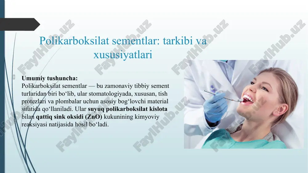 a saqlanadi. namlikdan uzoqroq tutish kerak. aralashtirish uchun shisha plastinka va metall bo‘lmagan spatula ishlatiladi. har safar yangi aralashma tayyorlanadi — qayta ishlatish mumkin emas. polikarboksilat sinkli polikarboksilat sinkli tsement bilan solishtirganda, shisha kukunidan foydalanish tufayli, shisha ionomer tsement qattiqlashgandan keyin shaffof bo'lib, tishlarga o'xshash rangga ega va oldingi tishlardagi tish nuqsonlarini tuzatish uchun ishlatilishi mumkin. yorug'likka chidamli shisha ionomer tsement turli xil ranglarda mavjud bo'lib, ular restavratsiya rangini tishlarning rangiga yaxshiroq moslashtirishi, estetik tiklash maqsadiga erishishi mumkin. umumiy kukun-suyuqlik turi shisha ionomer tsement qotib qolgandan so'ng, materialda ko'plab pufakchalar mavjud bo'lib, ular parlatish qiyin va pigmentlarga osongina yopishadi, tashqi ko'rinishga ta'sir qiladi. yagona pasta materiallari kamroq pufakchalarni o'z ichiga oladi va silliqlash qobiliyatini sezilarli darajada yaxshilaydi. biroq, bu turdagi materiallar hali ham qahva, choy va boshqalar bilan bo'yashga moyil. umumiy shisha ionomer tsementning emal bilan bog'lanish kuchi 30 ~ 50mpa, dentin bilan bog'lanish kuchi 20 ~ 40mpa. yorug'lik bilan …