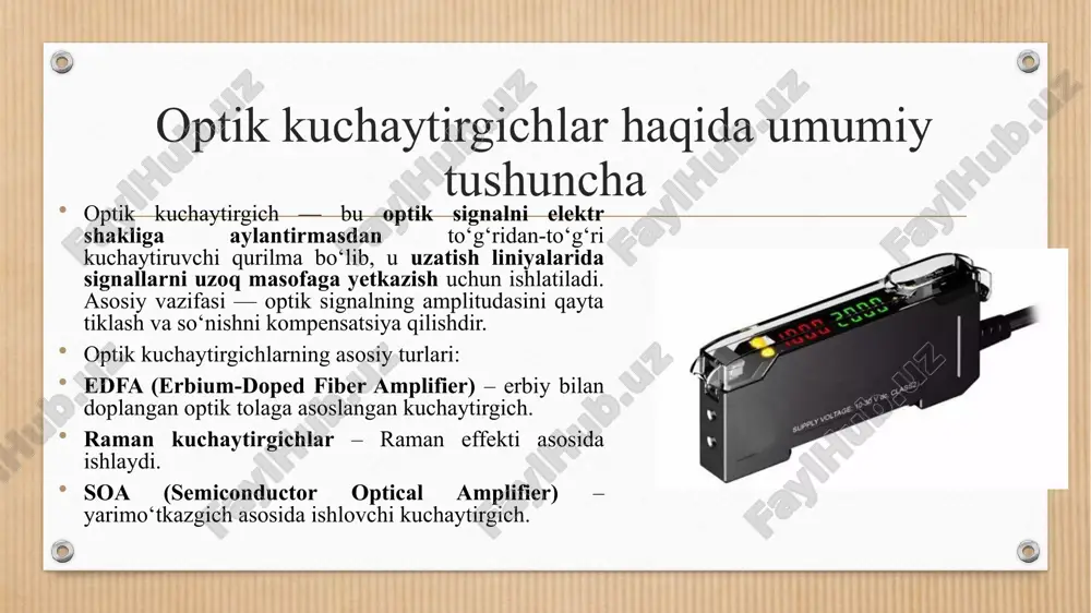 asofasini sezilarli darajada oshiradi. ularning asosiy xarakteristikalari – kuchaytirish darajasi, shovqin koeffitsiyenti, to‘yinganlik quvvati va spektral barqarorlik – aloqa tizimi samaradorligini belgilovchi eng muhim parametrlar hisoblanadi. ularni tadqiq etish orqali aloqa liniyalarining ishonchliligi va sifatini yanada yaxshilash mumkin. image4.png image5.jpeg image6.png image7.png image8.png image3.png /docprops/thumbnail.jpeg