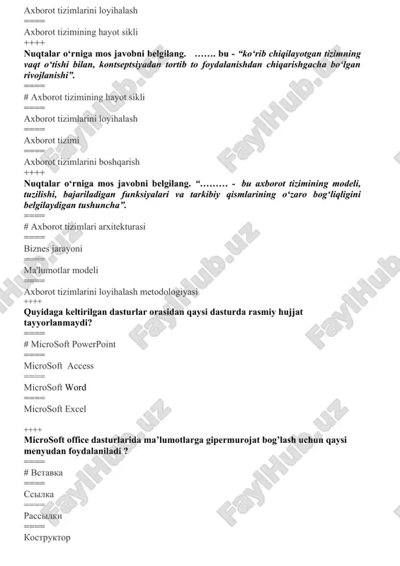 rd ==== microsoft excel ++++ microsoft office dasturlarida ma’lumotlarga gipermurojat bog’lash uchun qaysi menyudan foydalaniladi ? ==== # vstavka ==== ssilka ==== rassilki ==== kostruktor ++++ microsoft office dasturlarida tayyorlanayotgan ma’lumotlarga snosku qo’yish uchun qaysi menyudan foydalaniladi ? ==== # ssilka ==== vstavka ==== rassilki ==== kostruktor ++++ quyidaga keltirilgan dasturlar orasidan qaysi dasturda ma’lumotlar bazasi bilan ishlash imkonini beradi? ==== # microsoft access ==== microsoft powerpoint ==== microsoft word ==== microsoft excel ++++ quyidaga keltirilgan dasturlar orasidan grafik muxarrir dasturini tanlang? ==== # adobe photoshop ==== google chrome ==== nero ==== microsoft excel ++++ axborot tizimining asosiy vazifasi bu …? ==== # berilgan turdagi axborotni izlash, uni qayta ishlash va qisqa vaqt ichida kerakli joyga uzatish masalasini hal qilish kiradi; ==== berilgan turdagi axborotni izlash, uni qayta ishlash kiradi; ==== berilgan turdagi axborotni yig’ish, izlash, qayta ishlash va uzatish uchun qo’llaniladigan vositalar hamda shaxslarning o’zaro bog’langan majmui tushuniladi; ==== …