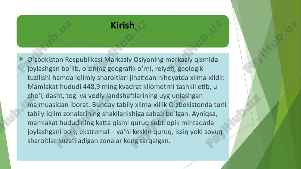 larini keltirib chiqarsa, yozda tropik havo massalari issiqlikni keskin oshiradi. shuningdek, suv resurslarining kamayishi, o‘rmonlarning qisqarishi va antropogen ta’sir ham ekstremal tabiiy sharoitlarning kuchayishiga sabab bo‘ladi. ayniqsa, orol dengizining qurishi mintaqada yangi iqlim zonasi – orolqum cho‘lining paydo bo‘lishiga olib keldi. o‘zbekistonning köppen iqlim klassifikatsiyasi bo‘yicha zonalari o‘zbekistonning ekstremal tabiiy-iqlim zonalari asosan quyidagi hududlarni o‘z ichiga oladi: 3. o‘zbekistonning asosiy ekstremal iqlim zonalari va ularning tavsifi qizilqum cho‘li — mamlakatning eng yirik cho‘l hududi bo‘lib, yozda +50°c gacha issiqlik, qishda esa −25°c gacha sovuq kuzatiladi. yog‘in miqdori yiliga 100 mm atrofida, shamol tezligi yuqori. ustyurt platosi — yuqori quruqlik, past namlik va sovuq qishlar bilan tavsiflanadi. bu hududda tuproq eroziyasi va o‘simlik qoplami juda siyrak. orolqum cho‘li — orol dengizining qurishi natijasida hosil bo‘lgan yangi ekologik zona bo‘lib, bu yerda sho‘rlanish, chang bo‘ronlari va iqlimning keskin kontinentalligi kuzatiladi. hisor va zarafshon tog‘lari — baland tog‘li hududlar bo‘lib, sovuq iqlim, baland …