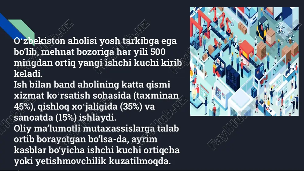 lariga rioya qilinmagan joylarda ishlaydi. ● ishlab chiqarish va qurilish sohalarida ko‘plab baxtsiz hodisalar yuz beradi. o‘zbekiston respublikasi mehnat bozori dinamik rivojlanayotgan, o‘ziga xos muammolar va imkoniyatlarga ega tizimdir. ishsizlik va norasmiy bandlik hali ham dolzarb muammolar bo‘lib qolmoqda, biroq davlat kichik biznes va innovatsion sohalarni rivojlantirish orqali rasmiy ish o‘rinlarini ko‘paytirishga harakat qilmoqda. mehnat migratsiyasi mamlakat iqtisodiyotiga muhim ta’sir ko‘rsatib, valyuta tushumlarini oshirsa-da, oilaviy va huquqiy muammolarni keltirib chiqaradi. hukumat islohotlar orqali ichki mehnat bozorini mustahkamlash va xalqaro mehnat bozoriga integratsiya qilish yo‘lida izchil harakat qilmoqda. e’tiboringiz uchun rahmat