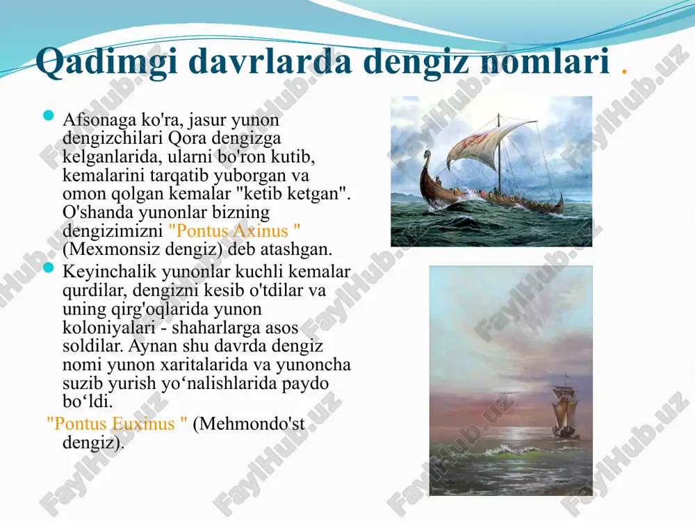 n) dunayning og'zi ro'parasida joylashgan. berezan (mahalliy aholi bu orolni chor hukumati tomonidan shu orolda qatl etilgan qoradengiz dengizchilari qoʻzgʻolonining qahramon boshligʻi leytenant shmidt xotirasiga shmidt oroli deb ataydi) berezan va dnepr-bugskip ogʻizlariga kiraverishlar oraligʻida joylashgan; kefken , bosfor bo'g'ozidan 92 km sharqda, kefken burnidan shimolda joylashgan . 13 yarim orollar ikki yarim orolni - qrim va tamanni ta'kidlaymiz . qora dengiz azov dengizi bilan kerch bo'g'ozi orqali chambarchas bog'langan . (azov dengizi maydoni 10 baravar kichik va chuqurlikka etadi faqat 14 m. shuning uchun azov dengizi ilgari meot dengizi deb atalgan. botqoq va qora dengiz ko'rfazi hisoblangan.) qora dengiz sohilidagi davlatlar qora dengiz sohillari ettita davlatga tegishli : rossiya, ukraina, ruminiya, bolgariya, turkiya, gruziya va abxaziya . bu davlatlar qora dengizni toza saqlash uchun birlashgan. sohil aholisi qora dengizning ifloslanishini oldini olish uchun harakat qilishlari kerak . qora dengizdagi suv hajmi 547 ming kub kilometrdan ortiq. suvning umumiy hajmidan …