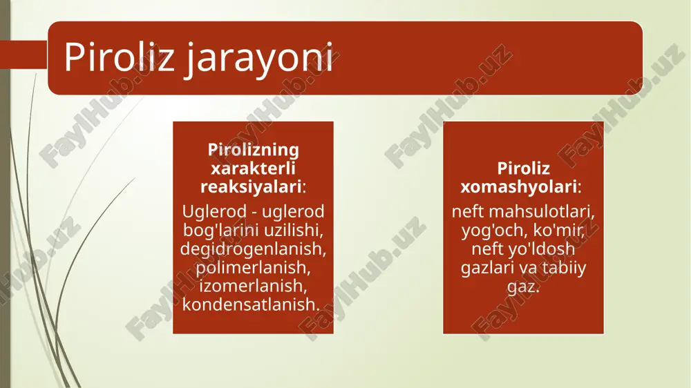 shyo ikki qismga bo’linib, bir qismi k-3 rektifikastion kolonnaning pastki qismiga, ikkinchi qism k-4 past bosimli bug’latish kolonnasining yuqori qismiga be riladi. k-4 kolonnaga berilgan xom ashyo og’ir g’azoyl fraksiyalari bilan tuyinib k-3 kolonnaga uzatiladi. k-3 kolonna tagligidan qoldiq p-1 pechga uzatiladi. k-3 kolonna ajratuvchi tarelka yordamida ikki qismga ajratilgan bo’lib, bu tarelkada yig’ilgan mahsulot p-2 pechga uzatiladi. p-1 va p-2 pechlarda termik kreking jarayoni borib, krekinglash mahsuloti bu pechlardan k-1 reakstion kolonnaga, undan yuqori bosimli bug’latish kolonnasi k-2 ga uzatiladi. k-2 kolonnada suyuqlik bug’ sistemasidan kreking-qoldiq ajratiladi va k-4 kolonnaning pastki qismiga beriladi. k-4 da kreking qoldiqdan kerosin-gazoyl fraksiyasi bug’lari ajralib, kolonna yuqorisidan chiqariladi. k-2 kolonna yuqorisidan chiqarilayotgan bug’lar k-3 rektifikastion pastki qismiga uzatiladi. k-3 kolonna yuqorisidan benzin bug’lari va gaz chiqarilib, xk-1 sovitgich va e-1 gaz separatori vositasida nostabil benzin va gazga ajratiladi. nostabil benzin t-3 isitgich orqali k-5 stabilizastion kolonnaga berilib, undan engil uglevodorodlar bug’latiladi va e-1 …