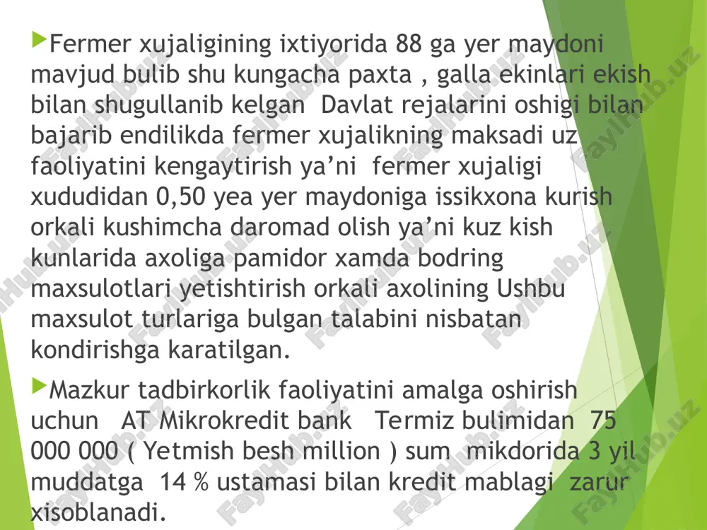 30 30 1300 39000,0 pamidor (issikxonada) tn 30 0 0 0 30 1600 48000,0 jami: 226280,4 * fermer xujaligi uz faoliyatini olib borish asosida yukori xosil olish takomillashuviga yer maydonlarining gidromeliorativ buzilmasligiga asosiy e’tiborini karatadi . fermer xujaligi tomonidan tumandagi fermer xujaliklariga xizmat kursatish, shuningdek fermer xujalik kelgusida uzining moddiy texnika bazasini rivojlantira borib fermer xujaliklariga texnik servis xizmatlari kursatish orkali kushimcha daromadlar olish rejalashtirilgan. fermer xujaligi uz faoliyatini amalga oshirish davomida tashki muxit ta’sirida nosoglom vaziyatlar kelish extimolini bartaraf etish uchun belgilangan tartibda veterinariya xizmati, sanitariya epidimologiya inspeksiyasini va sugurta tashkiloti bilan uzaro alokada munosabat majburiyatlarini tuzadi. moliyaviy reja 2010 yil fermer xujaligining maxsulot yetishtirish, ishlab chikarish va xarajatlar kursatgichlari, (jadvallarda aks ettirilgan) fermer xujaligining 2010-2013 yillar davomida yer maydoniga ekilishi kutilayotgan paxta, galla maxsulotlridan xamda tashkil kilingan issikxonadan olingan daromad va xarajatlar aks ettirilgan. t/r xarajatlar turi 2010 yil xarajat ( ming sum) 2011 yil xarajat (ming sum …