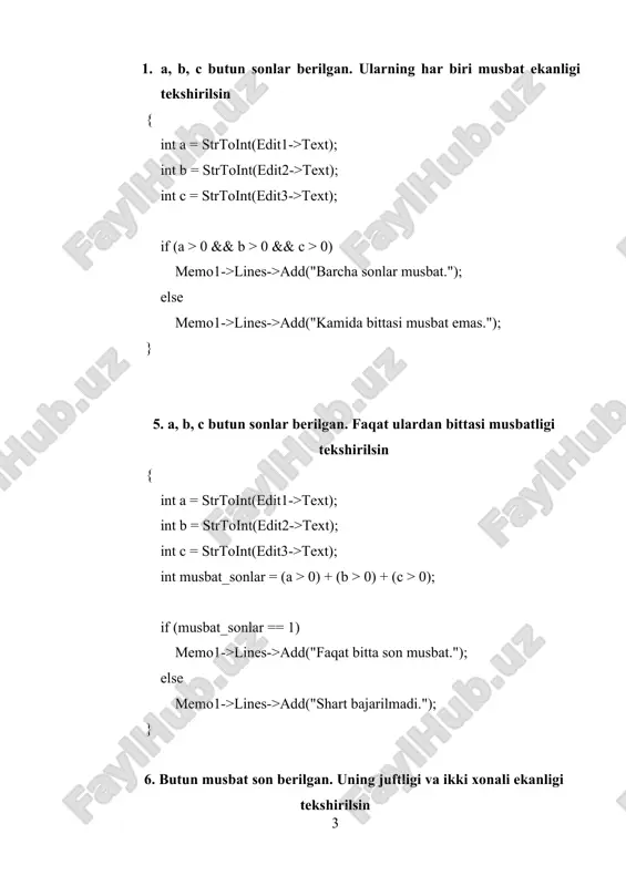 ); } 10. uch xonali son berilgan. uning raqamlari o'suvchi yoki kamayuvchi ketma- ketlik tashkil etishi tekshirilsin. { int n = strtoint(edit1->text); int a = n / 100; int b = (n / 10) % 10; int c = n % 10; if ((a b && b > c)) memo1->lines->add("raqamlar o'suvchi yoki kamayuvchi ketma-ketlikda."); else memo1->lines->add("raqamlar tartibda emas."); } 11. x, y sonlari berilgan. ularni koordinatalar deb hisoblab 2-chorakda yotishi tekshirilsin. { int x = strtoint(edit1->text); int y = strtoint(edit2->text); if (x 0) memo1->lines->add("nuqta 2-chorakda joylashgan."); else memo1->lines->add("nuqta 2-chorakda emas."); } 12. x, y sonlari berilgan. ularni koordinatalar deb hisoblab 4-chorakda yotishi tekshirilsin. { int x = strtoint(edit1->text); int y = strtoint(edit2->text); if (x > 0 && y lines->add("nuqta 4-chorakda joylashgan."); else memo1->lines->add("nuqta 4-chorakda emas."); } 13. a,b,c butun sonlar berilgan bo'lib, ular uchburchakning tomonlarini tashkil etadi. shu uchburchakning teng tomonli ekanligi tekshirilsin. { int a = strtoint(edit1->text); int b …