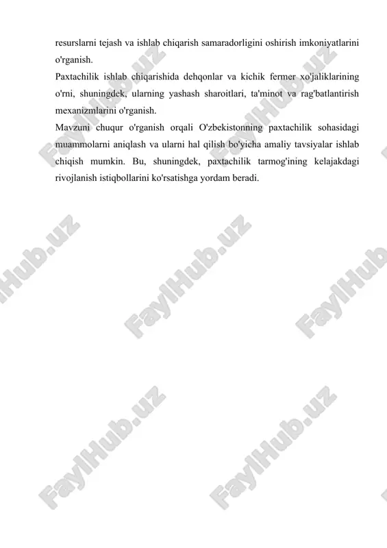 a harorat 30-35°c ga yetadi, bu paxtaning yaxshi o'sishini ta'minlaydi. keng sug'orish tizimi: o'zbekistonda paxtachilik sug'oriladigan yerlar asosida rivojlanadi. sug'orishning asosiy manbai — daryolar (sirdaryo, amudaryo) va sun'iy kanallar orqali amalga oshiriladi. sug'orish tizimi va resurslar paxtachilikning samarali rivojlanishiga erishish uchun o'zbekiston sug'orish tizimlariga katta e'tibor qaratadi. mamlakatda ko'p yillardan beri mavjud bo'lgan irrigatsiya tizimlari va sun'iy kanallar orqali paxta ekinlari suv bilan ta'minlanadi. biroq, suv resurslari cheklanganligi va ekologik holatning yomonlashishi paxtachilikning barqarorligini ta'sir qilmoqda. sug'orish manbalari: asosiy sug'orish manbalari sirdaryo va amudaryo daryolaridan olinadi. shu bilan birga, er osti suvlaridan ham foydalaniladi. barqaror sug'orish: o'zbekistonda paxtachilikni rivojlantirishda suvni tejash va yangi texnologiyalarni joriy etish masalalari muhim o'rin tutadi. paxtachilikning iqtisodiy ahamiyati paxtachilik o'zbekistonning qishloq xo'jalik iqtisodiyotida asosiy soha bo'lib, quyidagi jihatlar bilan ajralib turadi: eksport: paxta o'zbekistonning asosiy eksport mahsulotlaridan biridir. mamlakat paxtani nafaqat ichki iste'mol, balki xorijga eksport qilish orqali ham katta daromad oladi. bandlik: paxtachilik sektori …