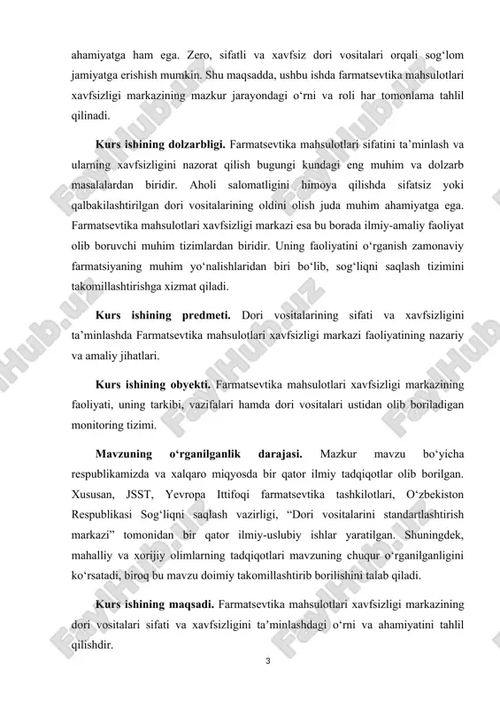 zbekiston respublikasi sog‘liqni saqlash vazirligi, “dori vositalarini standartlashtirish markazi” tomonidan bir qator ilmiy-uslubiy ishlar yaratilgan. shuningdek, mahalliy va xorijiy olimlarning tadqiqotlari mavzuning chuqur o‘rganilganligini ko‘rsatadi, biroq bu mavzu doimiy takomillashtirib borilishini talab qiladi. kurs ishining maqsadi. farmatsevtika mahsulotlari xavfsizligi markazining dori vositalari sifati va xavfsizligini taʼminlashdagi o‘rni va ahamiyatini tahlil qilishdir. kurs isning vazifalari: · farmatsevtika mahsulotlari xavfsizligi markazining faoliyat yo‘nalishlarini o‘rganish; · dori vositalari sifatini taʼminlashdagi roli va mexanizmlarini tahlil qilish; · milliy va xalqaro hamkorlik shakllarini ko‘rib chiqish; · amaliy tajriba asosida xulosalar chiqarish. kurs ishining tarkibiy tuzilishi:, kurs ishi kirish, asosiy qism (to‘rtta bobdan iborat), tajribaviy qism, xulosa va foydalanilgan adabiyotlardan iborat. 2.1. farmatsevtika mahsulotlari xavfsizligi markazining umumiy tavsifi farmatsevtika mahsulotlari xavfsizligi markazi – bu dori vositalarining inson salomatligiga ta’sirini o‘rganish, ularning sifatini, xavfsizligini va samaradorligini monitoring qilish bilan shug‘ullanuvchi muhim muassasalardan biridir. bunday markazlar farmatsevtika sohasida xalqaro va milliy darajada qabul qilingan standartlarga asoslangan holda faoliyat …