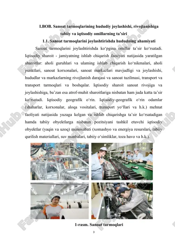va energiya resurslari, tabiiy qurilish materiallari, suv manbalari, tabiiy o‘simliklar, toza havo va h.k.). 1-rasm. sanoat tarmoqlari sanoat korxonalarini joylashtirishni rejalashtirishda sanoat va uning iqtisodiy samaradorligi, sanoat markazlari va tugunlami rivojlantirishga ko‘pincha hal qiluvchi ta’sir ko‘rsatadigan hududlar va punktlaming iqtisodiy hamda geografik joylashuvini atroflicha hisobga olish va to‘g‘ri baholash zarur. iqtisodiy-geografik o‘rin va uning bahosi o‘zgarishsiz qolmaydi, lekin uning holati baholanadigan obyektning iqtisodiy rivojlanishi va unga nisbatan baholanadigan obyektlar natijasida o‘zgaradi. sanoat va transport sohasida texnik baholash, xomashyo va energiyani ishlatish uchun yangi imkoniyatlar yaratib berish, yangi iqtisodiy aloqalami yo‘lga qo'yish, tovarlar va odamlaj tashilishini tezlashtirish hamda kamaytirish iqtisodiy va geografik vaziyatni baholashga katta ta’sir ko‘rsatadi. 1.2. tabiiy boyliklar, iqlim, suv bilan ta’minlanish imkoniyatlari, organik. olam. sanoatning tabiatga ta’siri atrof-muhitnirig ifloslanishiga eng awalo ishlab chiqarish tarmoqlarining joylashi.shi ta’sir etadi. bu xususda sanoat ishlab chiqarishi oldinda turadi. ammo barcha sanoat tarmoqlarining ekologik jihatdan «xavfsizligi» bir xil emas. tog‘-kon sanoati natijasida texnogen …