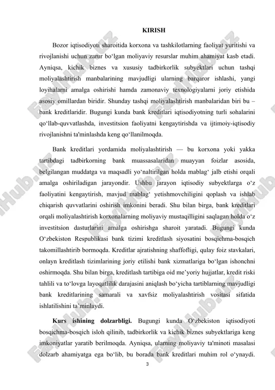 ‘z ilmiy ishlarida kreditlash tizimi, moliyalashtirish shakllari, kredit siyosatining rivojlanish bosqichlari va banklarning roli haqida muhim tadqiqotlar olib borishgan. shuningdek, xorijiy olimlardan m. fridman, j. krou, p. rose kabi mutaxassislarning ishlarida ham kredit bozorining nazariy asoslari keng yoritilgan. ushbu ishda mavjud ilmiy yondashuvlar tahlil qilinib, amaliy jihatlar bilan boyitiladi. kurs ishining maqsadi. bank kreditlari yordamida moliyalashtirishning nazariy asoslari va amaliy jihatlarini o‘rganish, ularning iqtisodiyotdagi ahamiyatini aniqlash va mavjud muammolarga yechim taklif qilishdan iborat. kurs ishining vazifalari: · bank kreditlari va moliyalashtirishning nazariy asoslarini tahlil qilish; · kreditlash jarayonining bosqichlari va mexanizmlarini o‘rganish; · o‘zbekistondagi tijorat banklari amaliyotida kreditlash holatini tahlil qilish; · kreditlash tizimidagi mavjud muammolar va takomillashtirish yo‘llarini aniqlash; · bank kreditlari orqali moliyalashtirishning iqtisodiy samaradorligini baholash. kurs ishining tarkibiy tuzilishi. kurs ishi kirish qismi, uchta asosiy bob, xulosa va foydalanilgan adabiyotlardan iborat. 1. bank kreditlari tushunchasi va ularning turlari bank krediti — bu tijorat banklari tomonidan yuridik va …