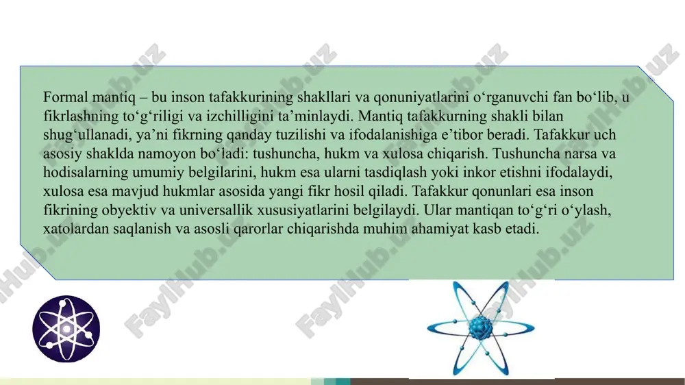 lishini ko‘rsatadi. ayniyat, zidlik, uchinchisi istisno va yetarli asos qonunlari to‘g‘ri fikrlashning poydevoridir. ushbu qonunlarga amal qilish inson tafakkur madaniyatini yuksaltiradi, ilmiy tahlil va mantiqiy qaror qabul qilishda muhim ahamiyat kasb etadi. e’tiboringiz uchun rahmat image5.png image6.png image7.png image8.png image9.png image10.png image11.png image12.png /docprops/thumbnail.jpeg