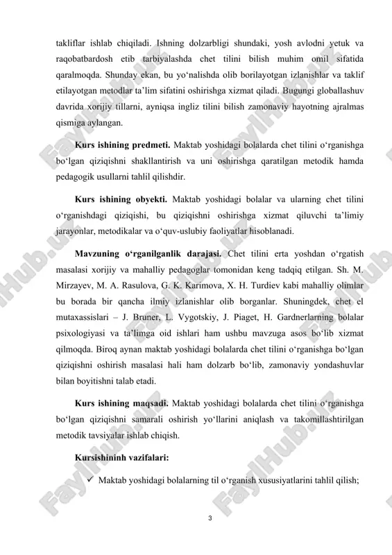 oq aynan maktab yoshidagi bolalarda chet tilini o‘rganishga bo‘lgan qiziqishni oshirish masalasi hali ham dolzarb bo‘lib, zamonaviy yondashuvlar bilan boyitishni talab etadi. kurs ishining maqsadi. maktab yoshidagi bolalarda chet tilini o‘rganishga bo‘lgan qiziqishni samarali oshirish yo‘llarini aniqlash va takomillashtirilgan metodik tavsiyalar ishlab chiqish. kursishininh vazifalari: · maktab yoshidagi bolalarning til o‘rganish xususiyatlarini tahlil qilish; · bolalarda chet tiliga bo‘lgan qiziqishni shakllantirish omillarini aniqlash; · chet tilini o‘rgatishdagi samarali metod va yondashuvlarni tahlil qilish; · amaliy tavsiyalar va metodik ko‘rsatmalar ishlab chiqish. kurs ishining tarkibiy tuzilishi. kurs ishi kirish, ikki asosiy bob, har bir bobning bo‘limlari, xulosa, foydalanilgan adabiyotlar ro‘yxati va ilovalardan iborat. i bob mamlakatdagi chet tilini o‘rganishga qaratayotgan e’tiborlar 1.1 maktabgacha yoshdagi bolalarni til o‘rganish ko‘nikmalarini o‘rganish maktabgacha yoshdagi bolalarda til o‘rganish jarayoni o‘ziga xos va murakkab bosqichlardan iborat bo‘lib, bu yoshdagi bolalarning psixologik va fiziologik xususiyatlariga mos ravishda yondashuvni talab etadi. ushbu davrda bolalar atrof-muhitdan, ayniqsa ota-ona, tarbiyachi …