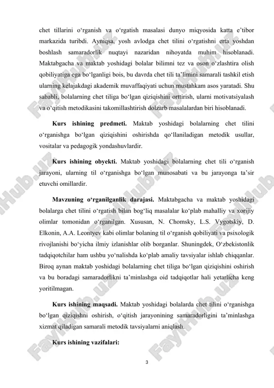 ik rivojlanishi bo‘yicha ilmiy izlanishlar olib borganlar. shuningdek, o‘zbekistonlik tadqiqotchilar ham ushbu yo‘nalishda ko‘plab amaliy tavsiyalar ishlab chiqqanlar. biroq aynan maktab yoshidagi bolalarning chet tiliga bo‘lgan qiziqishini oshirish va bu boradagi samaradorlikni ta’minlashga oid tadqiqotlar hali yetarlicha keng yoritilmagan. kurs ishining maqsadi. maktab yoshidagi bolalarda chet tilini o‘rganishga bo‘lgan qiziqishni oshirish, o‘qitish jarayonining samaradorligini ta’minlashga xizmat qiladigan samarali metodik tavsiyalarni aniqlash. kurs ishining vazifalari: · chet tilini o‘rganishga bo‘lgan e’tiborning hozirgi holatini tahlil qilish; · bolalarda til o‘rganishga bo‘lgan qiziqishni shakllantirish usullarini o‘rganish; · maktab yoshidagi bolalar uchun samarali metodik tavsiyalarni ishlab chiqish; · o‘quvchilarning til o‘rganishdagi motivatsiyasini oshirishga qaratilgan uslublarni tahlil qilish; · amaliy tavsiyalar asosida bolalar bilan ishlashda foydalaniladigan pedagogik yondashuvlarni ko‘rsatish. kurs ishining tarkibiy tuzilishi. kurs ishi kirish, ikki bob, xulosa va foydalanilgan adabiyotlar ro‘yxatidan iborat. i bob mamlakatimizdagi chet tilini o‘rganishga qaratayotgan e’tiborlar. 1.1 maktabgacha yoshdagi bolalarni til o‘rganish ko‘nikmalarini o‘rganish maktabgacha yoshdagi bolalar rivojlanishining eng …