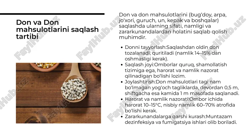 igi muhim ahamiyatga ega. sifatli donlar iste'molchilar uchun xavfsiz bo'lishi kerak. xavfsizlik qoidalariga rioya qilish zarur. tajribalar va tadqiqotlar donlarni saqlash bo'yicha tajribalar va tadqiqotlar qilish muhim. bu, yangi usullarni ishlab chiqish va sifatni oshirishga yordam beradi. insoniyat uchun foydali bilimlar to'playdi. donni saqlash usullari sifatni saqlash va uzun muddatli foydalanish uchun muhimdir. to'g'ri usullarni tanlash va saqlash sharoitlariga e'tibor berish zarur. sifatli donlar iste'molchilar uchun xavfsiz va foydali bo'ladi. xulosa