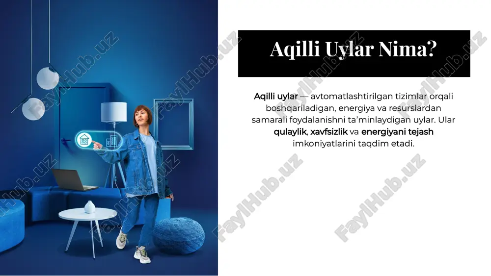 shilashga qaratilgan. ushbu yechimlar, kelajakda barqaror va qulay yashash muhitini taʼminlaydi. aqilli uylar uchun oddiy elektr taʼminoti loyihasi, energiya samaradorligini oshirish va hayot sifatini yaxshilashga qaratilgan. ushbu yechimlar, kelajakda barqaror va qulay yashash muhitini taʼminlaydi. thanks!thanks! do you have any questions? youremail@email.com +91 620 421 838 www.yourwebsite.com @yourusername do you have any questions? youremail@email.com +91 620 421 838 www.yourwebsite.com @yourusername