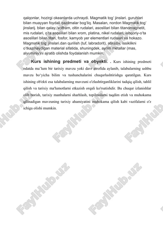 hlash, topilmalarni taqdim etish va muhokama qilinadigan mavzuning tarixiy ahamiyatini muhokama qilish kabi vazifalarni o'z ichiga olishi mumkin. i bob. tog` jinslarining paydo bo’lishi bo’yicha tasnifi. 1.1.cho’kindi tog’ jinslari. choʻkindi togʻ jinslari — moddaning suvda choʻkishi yoki havodan tushishidan hamda quruqlik yuzasi, dengiz okean havzalaridagi muzlar faoliyati natijasida hosil boʻladigan togʻ jinslari. choʻkish mexanik (ogʻirlik kuchi taʼsiri va muhit dinamikasining oʻzgarishidan), kimyoviy (suvli eritmaning toʻyinish konsentratsiyasiga yetishidan va almashinuv reaksiyalari natijasida) hamda biogen yoʻl bilan (organizmlar hayot faoliyati bilan bogʻliq) sodir boʻladi. choʻkindi togʻ jinslari choʻkish xarakteriga koʻra, chaqiq, kimyoviy va biogen jinslarga boʻlinadi. choʻkindi togʻ jinslarini hosil qiladigan asosiy manbalar: yer poʻstini tashkil qilgan magmatik, metamorfik va qad. cho'kindi jinslar; tabiiy suvlarda erigan komponentlar; atmosfera gazlari; organizmlarning hayot faoliyati jarayonida hosil boʻladigan mahsulotlar; vulkanogen materiallardan iborat. hozirgi zamon okean choʻkindilari va qad. choʻkindi jinslarda kosmik material va organik qoldiqlar ham uchraydi. baʼzi choʻkindi togʻ jinslari (ohaktosh, ko'mir, diatomit va …