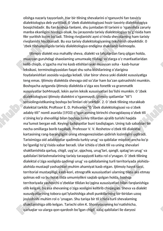 iralarda o‘zbek adabiy tilida muomala qilishi shart, lekin bu o‘z shevasini unutishi kerak degan so‘z emas. 0 ‘zbeklar hozirgi 0 ‘zbekiston respublikasi, markaziy osiyo mamlakatlarida, afg‘oniston, turkiya, saudiya arabistoni, avstraliya, xitoy, uyg‘uristonida va boshqa mamlakatlarda istiqomat qiladilar. albatta, ularning tili o‘zbek tili bo‘lsa-da, o‘ziga xos mahalliy xususiyatlarga ega. 0 ‘zbek shevalari o‘zbek tilining mahalliy ko'rinishlari bo‘lib, uni o‘rganish fan uchun nazariy ahamiyat kasb etsa, bomajak til va adabiyot o'qituvchisi uchun amaliy ahamiyatga ham molikdir. bu fanni o‘rganishdan maqsad o‘zbek shevalarining eng muhim xususiyatlari - fonetik, leksik, morfologik va, qisman, sintaktik xususiyatlari haqida talabalarga to ia ma’lumot berishdir. bu esa quyidagi vazifalami keltirib chiqaradi: - talabalarga o‘zbek dialektologiyasi bo‘yicha tayanch bilimlarni berish va shu asosda tayanch tushunchalar to‘g‘risida tasawur hosil qilish; - o‘zbek shevalarining fonetik, leksik va grammatik qurilishi haqida ma’lumot berish; shevalami o‘rganish metodlari to‘g‘risida tushuncha berish hamda sheva vakillaridan rna’lum bir sheva xususiyatlarini yozib olish malakasini hosil qilish; - …