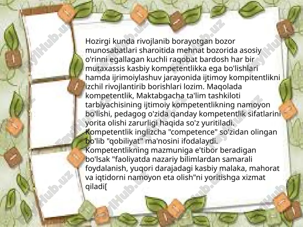 a bu kasbga bo'lgan cheksiz sadoqati o'qituvchi - tarbiyachi boshqa kasb egalaridan ajratib turadi. pedagog tarbiyachi shaxsiga qo'yiladigan muhim talablaridan biri shuki, u o'z predmetini, uning metodikasini chuqur o'zlashtirgan bo'lishi zarur. tarbiyachi kasbiga xos bo'lgan muhim fazilatlaridan, talablaridan biri bolalarni sevish ularning hayoti bilan qiziqish har bir shaxsni hurmat qilishdan iborat. bolani sevgan butun kuch va bilimini bolalarni kelajagi buyuk vatanga sodiq fuqaro qilib tarbiyalashga safarbar qila oladigan odamgina haqiqiy tarbiyachi-pedagog bo'la oladi. xulosa qilib aytganda ijtimoy kompetentlik - olingan bilimlarga asoslangan holda ijtimoiy munosabatlarda to'g'ri harakat qila olishlik demakdir. kompetentlik -ijtimoiy amaliyot ko'rinishidagi bilim va ko'nikmalarning mavjudligi bo'lib, u ta'lim jarayoni natijalariga ijtimoiymadaniy talablar va jamiyat tomonidan talablar qo'yiladigan hollarda namoyon bo'ladi image1.jpg image2.png image3.jpg image4.jpg image5.jpg image6.jpg image7.jpg image8.jpg image9.jpg image10.jpg /docprops/thumbnail.jpeg