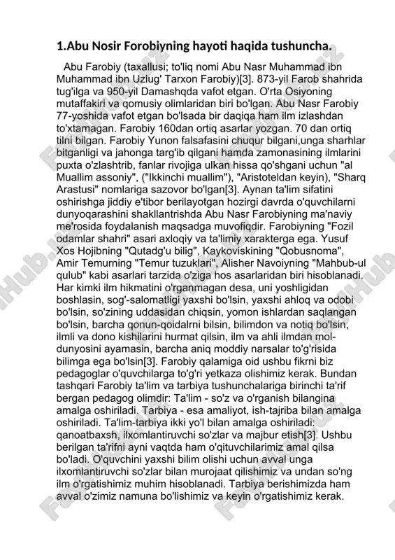 , “fozil odamlar shahri” forobiy shaharni ijtimoiy uyushishning yetuk shakli, insoniyat kamolatga erishishining zaruriy vositasi, deb hisoblaydi. butun insonlarni oʻzaro hamkorlikka, xalqlarni tinchlikka chaqiradi, dunyoda yagona inson jamoasini tuzish haqida orzu qiladi. mutafakkir inson qadr-qimmatini kamsituvchi jamiyatga qarshi chiqadi. doimiy urushlar va bosqinchilikka asoslanuvchi jamiyatni adolatsiz, johil jamiyat sifatida qoralaydi. abu nasr al-forobiyning “ fozil odamlar shahri” asari boblari ta ’rifi: 1. alloh taolo nima va unga qanday e'tiqod qilish kerakligi haqida so"z; u qanday tavsif etilishi kerak, qaysi vajhdan u boshqa mavjudotga sabab b o ‘lib qoldi; bu undan qanday qilib yuz beradi; ularni qanday yuzaga keltiradi; u bilan bogmiqligi qanday; u qanday qilib bilinadi va qanday qilib aql yuritilishi kerak; uni qaysi nom bilan atash lozim bomadi; bu ismlar nimalarga dalolat qilishi kerak bomadi. 2. farishtalar deb e ’tiqod qilinishi kerak b o ig a n mavjudot haqida so‘z. u larning har birining mohiyati nim a, ular qanday, …