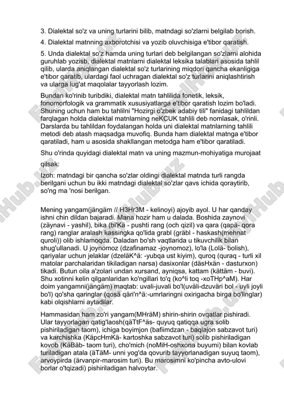 ingvistik (tarixiy, qiyosiy, tavsifiy) metodlar bilan birga tilshunoslik sohalaridan birining, masalan, "o'zbek dialektologiyasi" sohasining individual metodlari borligini e'tirof etishmaydi. chunki "o'zbek dialektologiyasi"ning metodlari masalasida juda kam tadqiqot olib borilgan. shu sababli ham oldinlari "savol-javob", "anketa", "sheva so'zlarini yig'ish uchun so'roqlik" kabi metodlaridan olim va tadqiqotchilar foydalanishib, sheva so'zlarini yig'ishga harakat qilishgan. ammo ular sheva vakillari nutqidagi dialektal so'zlarni to'liq qamrab ola olmaydi. shuning uchun biz bir necha yillik tajribalarimizdan kelib chiqqan holda dialektal matnlarning leksik tahlili metodini ilgari surayapmiz [enazarov t. 2020.]. bunda sheva vakillari ma'lum bir mavzular doirasida suhbatlashiladi va ularning suhbati yozib olinib, keyin dialektal matnlarning leksik tahlili amalga oshiriladi. bu metod bilan yuqorida ko'rsatilgan metodlar bilan yig'ilgan dialektal so'zlardan ko'prog'ini jamlab, dialektal so'zlik sifatida saqlash mumkin. dialektal matnlarning leksik tahlilida quyidagilarga e'tibor berish lozim: 1.bunday matnlarni qaysi transkripsiyada yozilganligiga va matnlardagi so'zlarning to'g'ri transkripsiya qilinishiga e'tibor berib, ularning qaysi bir sheva va lahjaga oidligini ko'rsatish. 2. undagi …