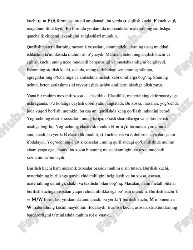 uchi τ = m⁄w formulasi yordamida aniqlanadi, bu yerda τ burilish kuchi, m moment va w materialning kesim maydonini ifodalaydi. burilish kuchi, asosan, strukturalarning barqarorligini ta'minlashda muhim rol o‘ynaydi. qurilish materiallarining mexanik xossalarini o‘rganish, shuningdek, materiallarning harorat, namlik va boshqa tashqi ta'sirlarga qanday reaksiya berishini tushunishga yordam beradi. masalan, harorat o‘zgarishi materiallarning kengayishiga yoki qisqarishiga olib kelishi mumkin, bu esa binoning strukturasida deformatsiyalarga sabab bo‘lishi mumkin. shuning uchun, qurilish materiallarini tanlashda, ularning harorat o‘zgarishlariga chidamliligini ham hisobga olish zarur. qurilish materiallarining mexanik xossalari, shuningdek, ularning ishlab chiqarish jarayonida ham muhim ahamiyatga ega. materiallarning mexanik xossalari, ishlab chiqarish jarayonida qo‘llaniladigan texnologiyalar va usullar bilan bog‘liq. masalan, metall materiallarni ishlab chiqarishda, ularning mexanik xossalarini yaxshilash uchun turli qotishmalar va ishlov berish usullari qo‘llaniladi. beton ishlab chiqarishda esa, aralashma tarkibi va tayyorlash jarayoni materialning mexanik xossalariga ta'sir qiladi. qurilish materiallarining mexanik xossalari, shuningdek, materiallarning ekologik ta'sirini ham hisobga olish zarur. ekologik jihatdan barqaror …