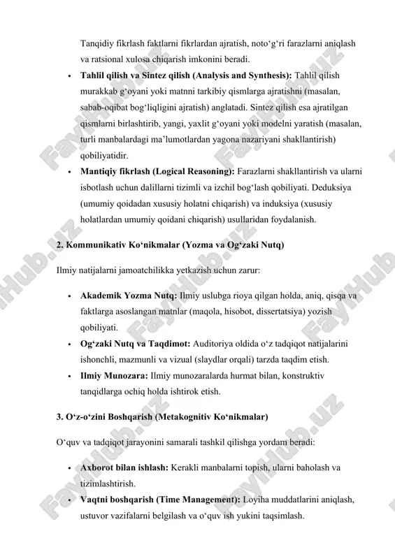 tahlil qilish ko‘nikmalari tadqiqot uchun eng ishonchli va ahamiyatli manbalarni ajratib olishga yordam beradi. 3. tadqiqotni o‘tkazishda: mantiqiy fikrlash metodologiyani to‘g‘ri tuzish, eksperiment natijalarini ob’ektiv tahlil qilish va asossiz xulosalardan qochishga imkon beradi. 4. natijalarni taqdim etishda: kommunikativ ko‘nikmalar murakkab ilmiy natijalarni ham jamoatchilikka tushunarli, ishonchli va standartlarga muvofiq yetkazishni ta’minlaydi. xulosa qilib aytganda, akademik ko‘nikmalar muvaffaqiyatli talaba yoki olim bo‘lishning asosiy kaliti bo‘lib, u shaxsga faqat ma’lumotni yodlash emas, balki uni bilimga aylantirish imkonini beradi. 2. akademik yozma va og‘zaki nutq ko‘nikmalarini shakllantirish metodlari akademik ko‘nikmalarning kommunikativ guruhida yozma va og‘zaki nutq muhim o‘rin egallaydi. tadqiqot qanchalik a’lo bo‘lmasin, agar uning natijalari ilmiy jamoatchilikka to‘g‘ri, aniq va ishonchli tarzda yetkazilmasa, u o‘z qimmatini yo‘qotadi. bu ko‘nikmalar ilmiy matnlarning o‘ziga xos talablariga rioya qilishni talab etadi. akademik yozma nutq ko‘nikmalarini shakllantirish akademik yozish uslubi ommaviy nutq yoki publitsistik uslubdan tubdan farq qiladi. u xolislik, aniqlik, mantiqiy izchillik va manbalarga asoslanish …