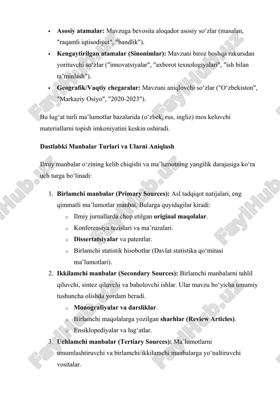 mli vositalardan samarali foydalanish global ilmiy ma’lumotlarga tezkorlik bilan kirishni ta’minlab, tadqiqot sifatini tubdan oshiradi. izlashning asosiy raqamli resurslari ilmiy-tadqiqot ishlarida izlanish asosan quyidagi uch turdagi raqamli platformalar orqali amalga oshiriladi: 1. axborot-resurs markazlarining (arm) elektron kataloglari: universitetlar va yirik kutubxonalarning elektron kataloglari an’anaviy kitoblar, jurnallar va dissertatsiyalarning mahalliy fondini qidirish uchun zarur. ular asosan mahalliy (o‘zbek tilidagi, mamlakat ichida nashr qilingan) manbalarni topishda yordam beradi. 2. ochiq kirishli ilmiy qidiruv tizimlari: · google scholar: eng keng tarqalgan, bepul vosita bo‘lib, millionlab ilmiy maqolalar, dissertatsiyalar va kitoblarning matnlarini yoki ularga havolalarni indekslaydi. uning asosiy afzalligi – qidiruvning tezligi va qamrovi (turli tillardagi manbalarni qidiradi). · researchgate / academia.edu: bu ijtimoiy tarmoqlar platformasi bo‘lib, olimlar o‘z ishlarini bevosita nashr etadilar. bu yerda ko‘pincha boshqa joylarda pulga sotiladigan maqolalarning to‘liq matnlarini bepul (preprint) versiyalarini topish mumkin. 3. yirik abstrakt va iqtibos ma’lumotlar bazalari (obunali resurslar): bular ilmiy manbalarni indekslash, ularning ta’sir darajasini …