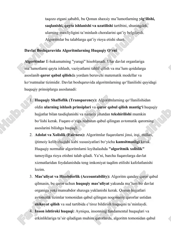 asoslar e-hukumatni nafaqat samarali, balki fuqarolar huquqlarini hurmat qiluvchi va qonuniylik prinsiplariga asoslangan tizim sifatida rivojlantirishga imkon beradi. 2. elektron hukumat tizimlarida algoritmlarni joriy etishning texnik mexanizmlari va ishonchliligi elektron hukumat tizimlarida algoritmlarni muvaffaqiyatli qo‘llash ularning texnik asoslanishiga, ma’lumotlar bilan integratsiyasiga va kiberxavfsizligiga bevosita bog‘liq. algoritmlar texnik jihatdan eng yangi yechimlar va standartlar asosida joriy etiladi. texnik asoslar va integratsiya mexanizmlari e-hukumat tizimi axborotlar, algoritmlar va axborot tizimlarining murakkab o‘zaro bog‘langan tarmog‘idir. 1. yagona ma’lumotlar bazasi va id-manzil: e-hukumatning eng muhim texnik mexanizmi – bu davlat xizmatlari markazlari (dxm) faoliyatiga asoslangan yagona ma’lumotlar bazasi va id-karta (shaxsni identifikatsiyalash) tizimidir. algoritmlar aynan mana shu integratsiyalashgan ma’lumotlar (big data) asosida ishlaydi. ma’lumotlar oqimini tartibga solish uchun idoralararo integratsiyalashgan axborot tizimi (iiat) va "elektron hukumat"ning boshqa platformalari xizmat qiladi. 2. algoritmlarni loyihalash (modellashtirish): · oddiy hisoblash algoritmlari: ko‘pchilik ma’muriy xizmatlar (masalan, pensiya hisoblash, bolalar nafaqasini tayinlash) aniq qoidalarga asoslangan matematik va mantiqiy hisoblash …