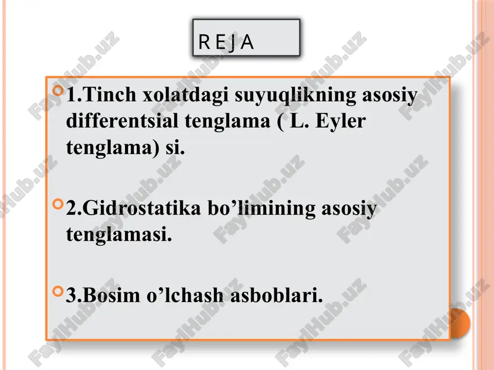 ng asosiy tenglamasi keltiriladi p = p0 + h p = p0 + gh bosimi teng sirtlar va uning tenglamasi hamma nuqtalari bir xil bosimga ega bo’lgan tekisliklar –bosimi teng sirtlar, p=const. dp=0, ρ-esa nolga teng bo’lishi mumkin emas,demak erkin sirt va uning tenglamasi suyuqlikning devor bilan chegaralanmagan, ya’ni gazmuhit bilan chegaralangan tekislik - erkin sirt deb ataladi. x dx+y dy+z dz=0; x dx+y dy+z dz=0; bosim turlari absolyut, ortiqcha bosimlar, vakuum absolyut bosimi gidrostatikaning asosiy tenglamasi yordamida aniqlanadigan bosim p = pa + gh monometrik bosim suyuqlik nuqtasidagi bosim atmosfera bosimidan katta (p>pa) bo’lgandagi bosim, h atmosfera bosimi pa -suyuqliklarning erkin sirtiga ta’sir qiluvchi bosim bosimni o’lchash asboblari va usullari pezometrlar-idishdagi bosim unga ulangan shisha naychada tekshirilayotgan suyuqlikning ko’tarilishiga qarab aniqlanadi h + hn = (pa - pa) / . differentsial monometrlar - ikki idishdagi bosimlar farqini o’lchash uchun ishlatiladi suyuqlik u–simon monometrlari—bosim tekshirilayotgan suyuqlik bilan emas, simob ustuni …