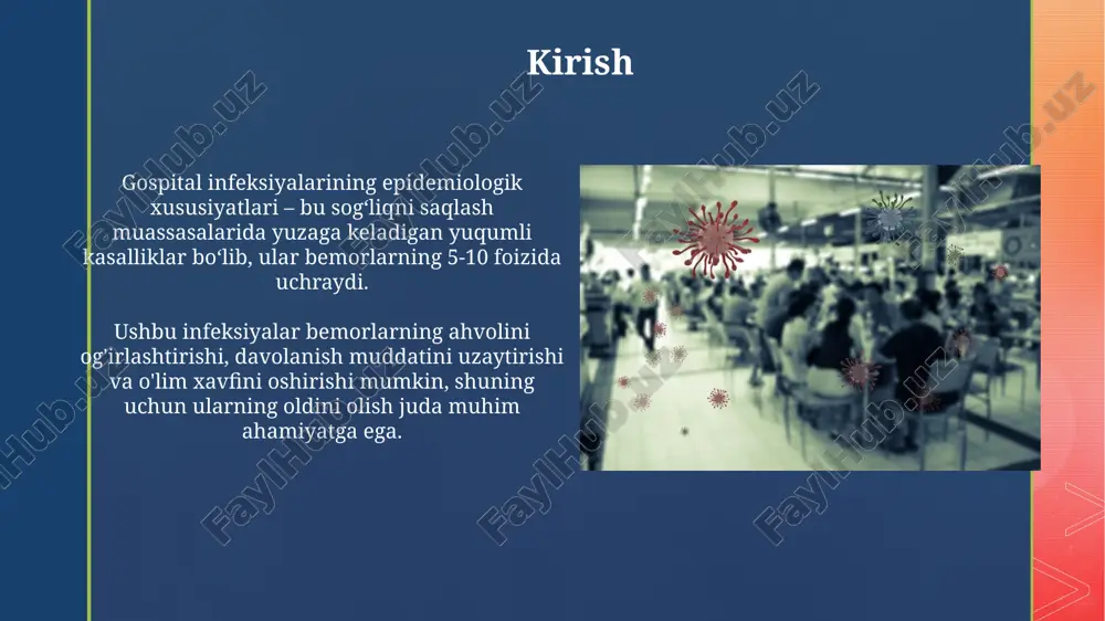 kasallik tarqalishiga olib keladi. prevalensiya va insidensiya prevalensiya kasallikning muayyan vaqtda populyatsiyadagi mavjud holatlarining ulushini ifodalaydi, masalan, 2023-yilda kasalxonada yuqtirgan infeksiyalar 1000 bemordan 50 tasida aniqlandi. insidensiya ma'lum vaqt davomida yangi kasallik holatlarining tezligini ko'rsatadi; masalan, har oyda 1000 kasalxonada davolanayotgan bemor orasida 10 tasi yangi infeksiya bilan kasallanmoqda. geografik taqsimlanish haisning geografik tarqalishi, g'arbiy yevropada 5-10%ni tashkil etsa, rivojlanayotgan mamlakatlarda 25% gacha ko'tariladi, bu gigiena amaliyotidagi farqlarni ko'rsatadi. hais tarqalishi shahar joylarida qishloq joylariga nisbatan yuqoriroq bo'lishi mumkin, chunki kasalxonalar zich joylashgan va ko'proq invaziv muolajalar o'tkaziladi. vaqtinchalik tendentsiyalar kasalxonada yuqtirilgan infektsiyalarning vaqtinchalik tendentsiyalari davrida antibiotiklarga chidamli mikroorganizmlar tarqalishining ortishi kuzatildi, bu ayniqsa mrsa va vre uchun ahamiyatlidir. kuzatuvlar shuni ko'rsatadiki, markaziy venoz kateterlar bilan bog'liq qon oqimi infektsiyalari (clabsi) kabi muayyan infektsiyalar turli chora-tadbirlar tufayli vaqtinchalik pasayishi mumkin. demografik ta'sir yosh omili kasalxonadan yuqqan infeksiyalarga ta'sir qiladi, ayniqsa 65 yoshdan oshgan keksa bemorlarda immunitet susayishi sababli xavf yuqori …