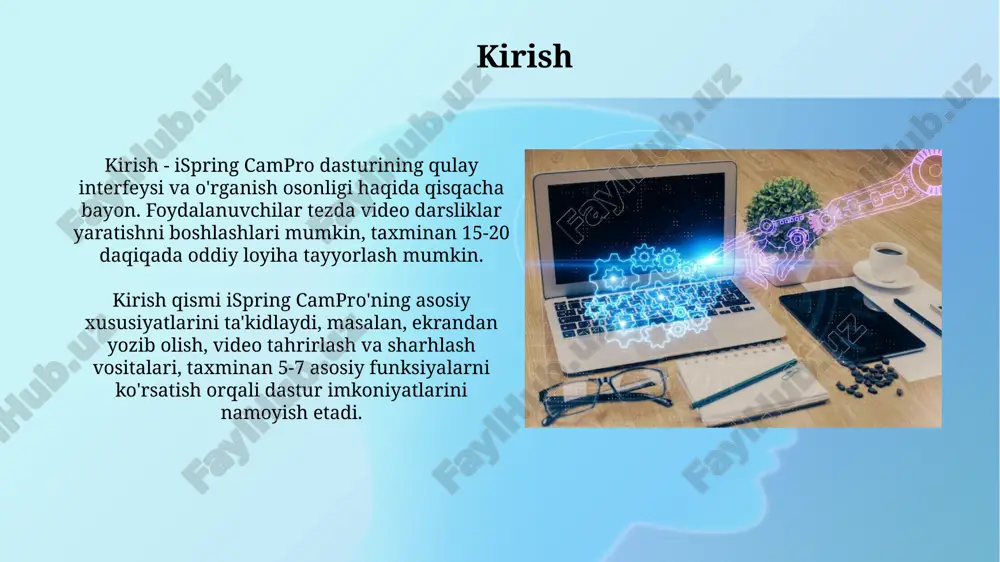 eksport qilishni osonlashtiradi. dastur microsoft powerpoint bilan uzviy integratsiyalashgan bo'lib, foydalanuvchilarga mavjud prezentatsiyalarni interaktiv video darsliklarga 5 daqiqadan kamroq vaqt ichida aylantirish imkonini beradi. qo'llash sohalari ispring campro dasturi korporativ o'quv dasturlarini yaratishda, masalan, 70% xodimlar uchun interaktiv trening kurslarini ishlab chiqishda ishlatiladi. bu xarajatlarni 30% gacha kamaytiradi. ta'lim sohasida ispring campro 1000 dan ortiq talabalar uchun multimedia ma'ruzalari va interaktiv testlar tayyorlash, bilimlarni baholash va o'quv jarayonini optimallashtirish imkonini beradi. narx siyosati ispring campro narx siyosati modulli boʻlib, har bir foydalanuvchi oʻz ehtiyojlariga mos keladigan funksiyalarni tanlashi va faqat ular uchun toʻlov qilishi mumkin, bu esa umumiy xarajatlarni optimallashtiradi. ispring campro litsenziyalash tizimi ko'p sonli foydalanuvchilarga chegirmalar taqdim etadi, bu esa katta korporatsiyalar uchun narxni sezilarli darajada kamaytiradi, shu bilan birga moliyaviy afzalliklarni ta'minlaydi. ispring campro'ni qanday boshlash kerak? ispring campro'ni ishga tushirish uchun, avval ispring suite 11 dasturini o'rnating. keyin, powerpoint ilovasida "ispring campro" yorlig'ini topib, uni bosing. …