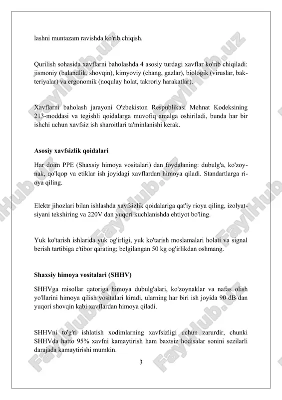 oyda amalga oshirilishi va hujjatlashtirilishi kerakligi belgilangan. yuk ko'tarish moslamalari, masalan, zanjirlar va arqonlar, yuk ko'tarish qobiliyatiga ega bo'lishi lozim va nominal yuk chegarasi (wll) aniq belgilab qo'yilishi shart. ko'tarish operatsiyalari uchun signalchilarni tayinlash talab etiladi, ular asme b30.3 standartlariga muvofiq qo'l signallari bo'yicha sertifikatlangan bo'lishi va tushunishi kerak. kavlash va ko'mishdan himoya qazishmalar yaqinida 1,2 metrdan baland bo'lgan joylarda yonbag'irlar qulab tushishining oldini olish uchun mustahkamlovchi tuzilmalar o'rnatilishi shart. ko'mish xavfini kamaytirish uchun xodimlarga xandaqlarga kirishdan oldin mos keladigan shaxsiy himoya vositalari, masalan, xavfsizlik dubulg'alari beriladi. tuproqning turlicha turlari uchun, masalan, qum yoki loy uchun qazish chuqurligi bo'yicha texnik xavfsizlik talablari snip 3.02.01-87 standartida belgilangan. xavfli moddalar bilan ishlash qurilishda xavfli moddalar bilan ishlashda, xodimlarni individual himoya vositalari (ihv), jumladan, respiratorlar va qo'lqoplar bilan ta'minlash juda muhim, bu esa ta'sirni kamaytiradi. asbest yoki qo'rg'oshin kabi moddalar bilan ishlashda, osha tomonidan belgilangan tegishli standartlarga rioya qilish lozim, chunki bu moddalar …