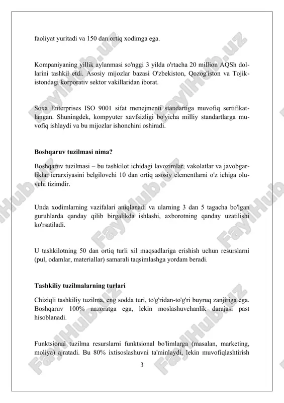 bo'linmalar avtonom ravishda ishlaydi. har bir divizion, masalan, "sharqiy mintaqa" yoki "maishiy texnika", o'zining operatsion funktsiyalari (marketing, ishlab chiqarish) uchun javobgardir va foyda markazi sifatida faoliyat yuritadi. divizion tuzilmaning markazlashuv darajasi farq qilishi mumkin, lekin odatda bo'linmalarga qaror qabul qilishda katta erkinlik beriladi, bu esa 10% dan 15% gacha o'sishga olib kelishi mumkin. matritsali tuzilma matritsali tuzilma funktsional va loyihaga asoslangan tashkilotlarni birlashtirib, xodimlarni ikki boshliqqa – funktsional menejer va loyiha menejeriga hisobot berishini ta'minlaydi. ushbu tuzilma turli loyihalarda ishlaydigan resurslardan optimal foydalanish imkonini beradi, bunda xodimlar o'z sohasidagi mutaxassislik bo'yicha ko'nikmalarini oshiradi va 15-20 foiz samaradorlikka erishiladi. matritsali tuzilmada 3 turdagi muvozanat mavjud: funktsional menejer ustunligi, loyiha menejeri ustunligi va muvozanatlashgan matritsa, ularning har biri vakolatlar taqsimotida farq qiladi. yassi tuzilma "yassi tuzilma"da xodimlar o'rtasida boshqaruv darajalari soni kam bo'lib, 5-7 kishilik guruhlar o'z-o'zini boshqarish imkoniyatiga ega, bu esa qaror qabul qilishni tezlashtiradi. "yassi tuzilma"ning asosiy afzalligi - bu …