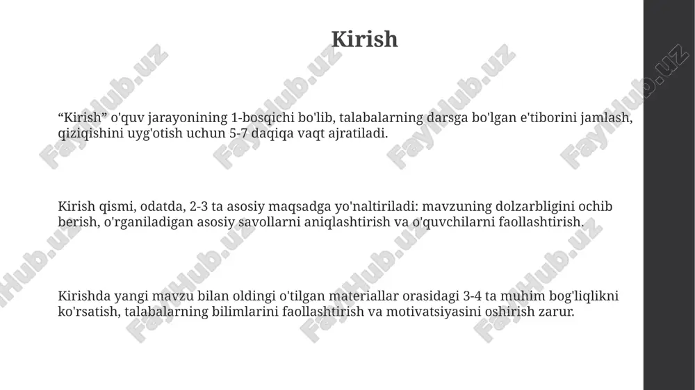 avol-javoblar 4 turga bo'linadi: reproduktiv (1-daraja), produktiv (2-daraja), evristik (3-daraja) va muammoli (4-daraja), dars samaradorligini oshiradi. savol-javob texnikasi o'qituvchiga 3 asosiy vazifani bajarishga yordam beradi: o'quvchilarning bilim darajasini aniqlash, yangi mavzuni kiritish va dars jarayonini faollashtirish. noverbal muloqotning ta'siri tovush ohangi va tezligi kabi noverbal signallar, ma'ruzaning qabul qilinishiga 38% gacha ta'sir etadi, bu o'qituvchining kommunikativ qobiliyatining muhim jihatidir. noverbal aloqa, jumladan, mimika va imo-ishoralar, dars samaradorligini 55% gacha oshirishi mumkin, talabalarning tushunish darajasiga sezilarli ta'sir ko'rsatadi. kontaktning mavjudligi (masalan, ko'z bilan aloqa) o'quvchilarning diqqatini 15-20% gacha oshirishi mumkin, shuningdek, o'qituvchi va o'quvchilar o'rtasida ishonch muhitini yaratadi. empatiya va o'quvchilar bilan o'zaro tushunish empatiya orqali o'qituvchi o'quvchining his-tuyg'ularini tushunadi, bu esa 75% gacha vaziyatlarni o'z nuqtai nazaridan anglash imkonini beradi. o'zaro tushunish 90% holatda o'quvchilarning motivatsiyasini oshiradi, ularning o'ziga bo'lgan ishonchini mustahkamlaydi va sinfda ijobiy muhit yaratadi. pedagogik empatiya dars jarayonida 85% gacha o'quvchilarning faolligini oshiradi, chunki ular o'z fikrlarini …