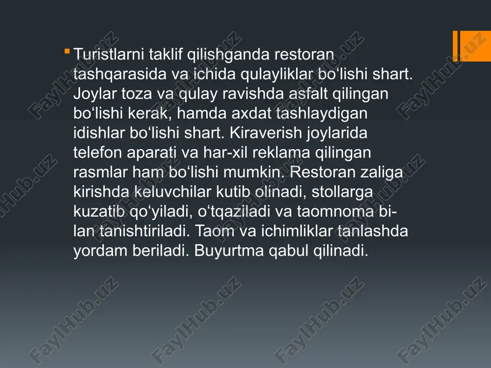 dam olish joylarida, odamlar gavjum magistrallarda, restoranlarda joylashgan bo‘ladi. gril-barda mijoz tanisq va noyob taomlarni olishi mumkin. barlarni jihozlanishi. barda ishlash. barlardagi servis barlar odatda ma’muriy-madaniy va savdo markazlarida, mikrorayonlarda, restoran, kafe, mehmonxonalar qoshida ochiladi. binolarning tuzilishiga ko‘ra barlar quyidagicha joylashadi: - vestibyullarda – bu yerda kishilar uchrashadilar, suhbat qiladilar; - restoran barlari – bino ichida, zalda joylashadi; - yordamchi barlar–mehmonxona qavatlarida joylashadi; - banket barlari – banket zallarida joylashadi; - mini - barlar – mehmonxonaning mehmonlar uchun mo‘ljallangan xonalarida joylashadi. 2-mavzu. xizmat sohasidagi xodimlar tiplari. servis korxonasini ishlab chiqarish menejmenti xususiyatlari reja: 1.tijorat, notijorat va davlat tashkilotlari ishchilari. to‘liq ish kunida band bo‘lgan ishchilar. 2.kasbiy xizmatlar ko‘rsatuvchi yoki kasbiy bilimlarni talab qilmaydigan xodimlar. 3.ishlab chiqarish ishchilari yoki aqliy mehnat ishchilari. 4.servis korxonasi ishlab chiqarishini tarkibi. 5.rahbarni ishlab chiqarish siklini tartibga solish bo‘yicha vazifalari. 6.ishlab chiqarishni tezkor boshqarish bo‘g‘inlari. tijorat, notijorat va davlat tashkilotlari ishchilari. to‘liq ish kunida band bo‘lgan …