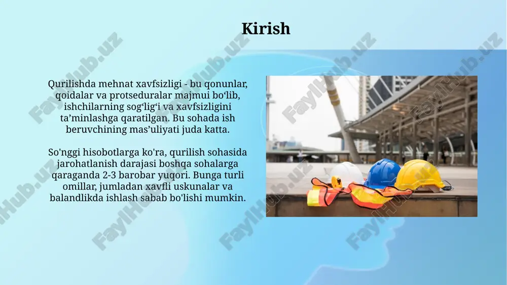 ja ishlab chiqilishi shart. favqulodda holatlarda, masalan, zilzila sodir bo'lganda, 15 daqiqa ichida xodimlarni evakuatsiya qilish uchun aniq yo'nalishlar va 2 ta yig'ilish nuqtasi belgilanishi zarur. baxtsiz hodisalarni tekshirish hodisa tekshiruvi, ish joyidagi xavflarni baholashda 5 why texnikasidan foydalanib, 4m (man, machine, method, material) omillarini tahlil qilish orqali asosiy sabablarni aniqlaydi. baxtsiz hodisalarni tekshirishda, xodimlar intervyusi va joyida tekshiruv o'tkazish kabi ma'lumot to'plash usullaridan foydalaniladi, bu esa hodisaning 24 soat ichida rasmiylashtirilishini talab qiladi. xavfsizlikni boshqarish tizimi xavfsizlikni boshqarish tizimi (xbt) 2007-yildan buyon o'zbekistonda keng qo'llanilmoqda, mehnatni muhofaza qilish standartlari, shu jumladan gost 12.0.230-2007 ga muvofiq. xbt iso 45001 xalqaro standartiga asoslangan bo'lib, 4.4.6 moddasi xavfni baholash va ularni boshqarish usullarini aniqlaydi, jumladan, ish joylarida xavfsizlikni ta'minlash. e'tiboringiz uchun rahmat image2.png image3.jpg image4.jpg image5.jpg image6.jpg image7.jpg image8.jpg image9.jpg image10.jpg image11.jpg image12.jpg image13.jpg image14.jpg image1.png