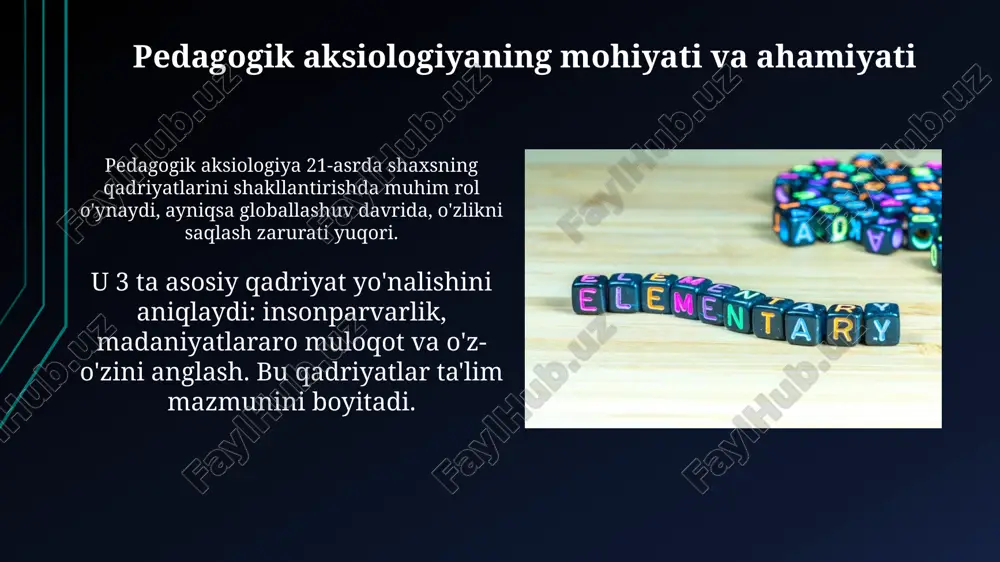 oilaviy, diniy) e'tiborni kuchaytirish, ya'ni, ta'lim mazmuniga integratsiyalashning faollashuvidir. so'nggi yillarda ta'lim tizimida 'inson qadri' tushunchasiga alohida e'tibor qaratilmoqda, bu esa pedagogik jarayonlarda o'quvchilarning shaxsiy xususiyatlarini hisobga olish zarurligini anglatadi. pedagogik aksiologiyaning zamonaviy muammolari 1. ta'limda axloqiy relativizmning kuchayishi, 21-asr talabalarining qadriyat yo'nalishlarida noaniqlik va murosaga kelishga tayyorligini shakllantiruvchi asosiy muammodir. 2. pedagogik aksiologiyada milliy va umuminsoniy qadriyatlarning 70/30 nisbatida uyg'unligini ta'minlash mexanizmlari, global madaniyat ta'sirida dolzarb muammolardan biri hisoblanadi. pedagogik aksiologiyaning kelajagi kelajakda axloqiy tarbiya modellarida 4.0 texnologiyalaridan (sun'iy intellekt, vr) foydalanish orqali o'quvchilarning qadriyatlarini rivojlantirishda yangi imkoniyatlar yaratiladi. 2030-yilga borib pedagogik aksiologiya tadqiqotlari o'qituvchilarning kasbiy qadriyatlarini shakllantirishga yo'naltiriladi, bu esa ta'lim sifatini oshirishda muhim omil bo'ladi. e'tiboringiz uchun rahmat image1.jpg image2.jpg image3.jpg image4.jpg image5.jpg image6.jpg image7.jpg image8.jpg image9.jpg image10.jpg image11.jpg image12.jpg