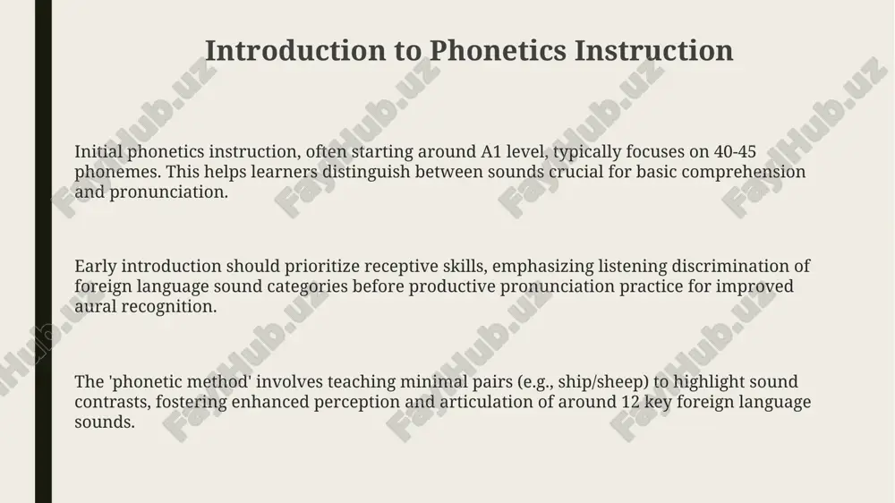 eep' 5 times can improve discrimination and production skills. contrastive analysis and error correction contrastive analysis, performed in step 1, identifies phonetic differences, for example, a language with 12 vowel sounds versus english's approximate 14, predicting learner pronunciation difficulties. error correction focuses on systematic errors. example: l1 interference might cause a learner to substitute a similar, but distinct, phonetic sound, affecting intelligibility; 80% of the time. using minimal pairs like 'ship' versus 'sheep' helps learners discern subtle phonetic contrasts; teachers must consistently provide explicit feedback addressing these 2 phonetic variations. the use of technology in phonetics teaching interactive pronunciation apps, leveraging automatic speech recognition (asr), provide immediate feedback on learners' pronunciation, boosting accuracy and fluency at any time, with any device. software like praat allows learners to visualize acoustic properties, such as formant frequencies, enabling a deeper understanding of vowel articulation using spectrogram analysis in teaching. online platforms with audio-visual …