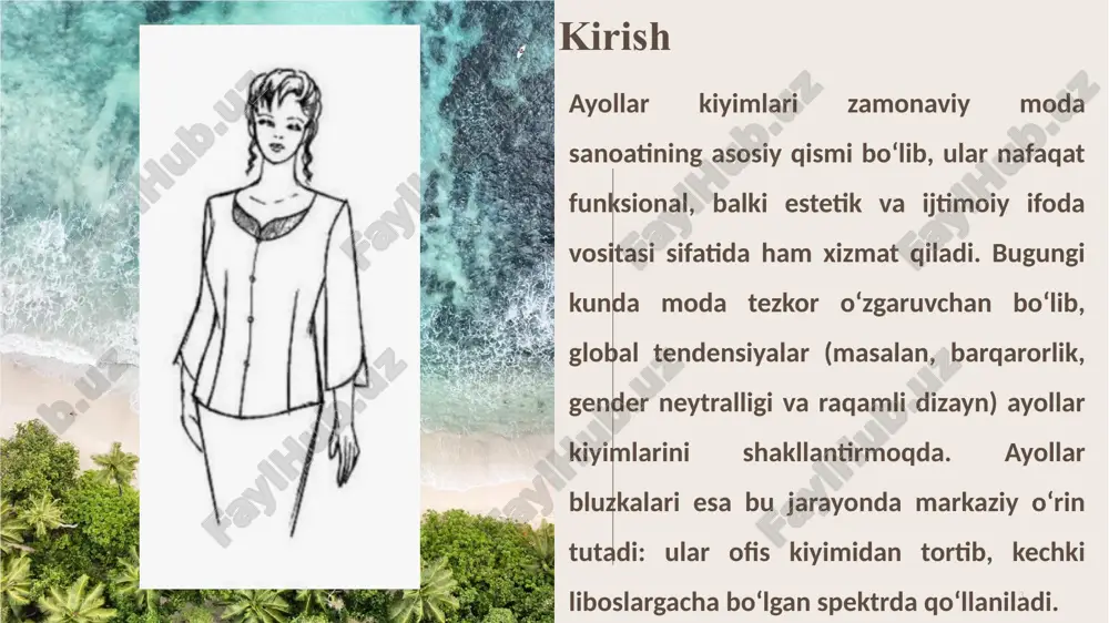 igi ergonomik talablarning tekshirilishi o‘lcham va shakl muvofiqligi tayyor mahsulotni taqdim etish va saqlash talablari tayyor bluzka mijozga yetkazilguncha taqdim etish va saqlash qoidalari sifatni saqlashni ta’minlaydi.bluzka toza, dazmollangan va maxsus qadoqda (polietilen paket yoki quti) taqdim etiladi. ichki yorliqda o‘lcham, mato tarkibi, yuvish ko‘rsatmalari bo‘lishi shart. nabor slaydov dlya prezentatsii 12 12 ayollar bluzkasi modellarini tayyorlash jarayoni texnik va badiiy yondashuvlarni muvaffaqiyatli birlashtirishga asoslanadi. texnik yondashuv sifatli material tanlash, aniq o‘lchovlar, tikuv texnologiyalari va konstruksiya qoidalarini qo‘llashni o‘z ichiga oladi. bu yondashuv bluzkaning chidamliligi, qulay kiyilishi va tananing anatomik xususiyatlariga mos kelishini ta’minlaydi. masalan, yeng qismining konstruksiyasi, bo‘yin chizig‘i va bel qismi o‘lchovlari ayol figurasining turli turlariga (a, h, x shakllari) moslashtirilishi kerak. shu bilan birga, badiiy yondashuv ranglar palitrasi, naqsh va bezak elementlari, matoning fakturasi orqali bluzkaga estetik joziba beradi. 13 xulosa 13 foydalanilgan adabiyotlar abdullayeva a. tikuvchilik texnologiyasi asoslari. – toshkent: o‘zbekiston, 2019. xolmurodova m. kiyim konstruksiyasi …