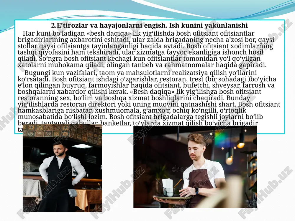 laridan bahramand bo‘lishlari mumkin. pivo barlari – maxsus joylarda pivo qo‘yib sotiladi yoki shishalarda beriladi. qo‘yib sotiladigan pivolar maxsus idishlardan yoki ishlab chiqargan zavod avtotsis-ternasidan bevosita avtomatlar orqali qo‘yib sotilishi mumkin. vino barlari – mehmonxonalar, restoran, kafelar qoshida faoliyat ko‘rsatadi. yengil ovqatlantirish ham mumkin, vaqti cheklangan, shoshilgan odamlar tez tamaddi qilib ketishi uchun juda qulay joy hisoblanadi 4.barlarni jihozlanishi. barda ishlash. barlardagi servis barlar odatda ma’muriy-madaniy va savdo markazlarida, mikrorayonlarda, restoran, kafe, mehmonxonalar qoshida ochiladi. binolarning tuzilishiga ko‘ra barlar quyidagicha joylashadi: - vestibyullarda – bu yerda kishilar uchrashadilar, suhbat qiladilar; - restoran barlari – bino ichida, zalda joylashadi; - yordamchi barlar–mehmonxona qavatlarida joylashadi; - banket barlari – banket zallarida joylashadi; - mini - barlar – mehmonxonaning mehmonlar uchun mo‘ljallangan xonalarida joylashadi. bar taomnomalarida aralash-ichimliklar, shuningdek, tabiiy kuchli alkogol ichimliklar bo‘ladi. har xil gazaklar mijozlar xohishiga qarab beriladi. hamma barlarda stereofonik ovoz chiqaradigan apparat, televizor, videomagnitafonlar, o‘yin avtomatlari bo‘lishi kerak. 50 …