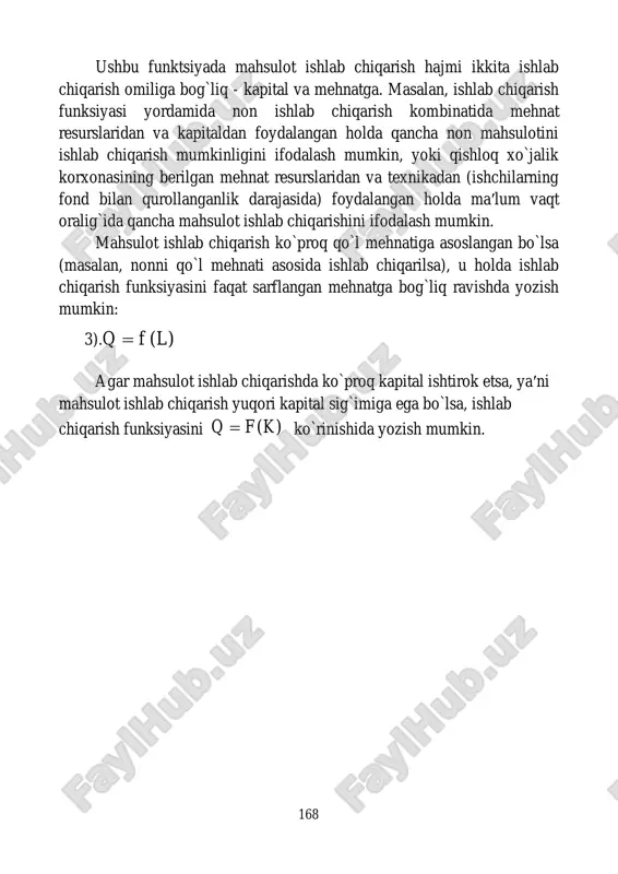 a ma′lum vaqt oralig`ida qancha mahsulot ishlab chiqarishini ifodalash mumkin. mahsulot ishlab chiqarish ko`proq qo`l mehnatiga asoslangan bo`lsa (masalan, nonni qo`l mehnati asosida ishlab chiqarilsa), u holda ishlab chiqarish funksiyasini faqat sarflangan mehnatga bog`liq ravishda yozish mumkin: 3).q  f (l) agar mahsulot ishlab chiqarishda ko`proq kapital ishtirok etsa, ya′ni mahsulot ishlab chiqarish yuqori kapital sig`imiga ega bo`lsa, ishlab chiqarish funksiyasini q  f(k) ko`rinishida yozish mumkin. 169 ta′kidlash joizki, (1), (2) va (3) tenglamalar ishlab chiqarishning ma′lum texnologiyasida qo`llanilishi mumkin. agar texnologiya o`zgarsa, ya′ni yangi texnologiya qo`llansa, mahsulot ishlab chiqarish hajmi resurslar hajmi o`zgarmaganda ham o`sishi mumkin. 10.2. izokvanta va ishlab chiqarish omillarini chekli texnologik almashtirish normasi izokvantalar. ishlab chiqarishda faqat ikkita omil - mehnat va kapitaldan foydalaniladigan ishlab chiqarishni qaraymiz. faraz qilaylik, mebel ishlab chiqarish tsexida mavjud texnologiya asosida sarflanadigan kapital va mehnatning ma′lum nisbatlari kombinatsiyasida stul ishlab chiqarilmoqda. quyidagi 10.1-jadvalda har xil resurslar sarflari kombinatsiyasida maksimal ishlab …
