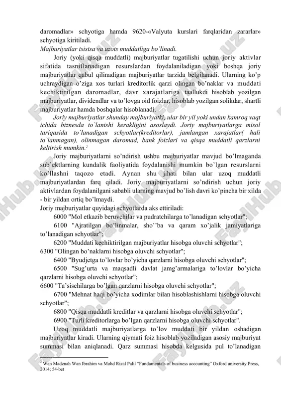 b olinganda, majburiyatlar qiymati xarajatlar tamoyiliga muvofiq anikdanadi va u olingan aktiv qiymatiga teng bo’ladi. 1-son bhms «hisob siyosati va moliyaviy hisobot»ga binoan xarid qilingan aktivlar, xizmatlar va ishlar tannarxi yoki xarid qilish qiymati majburiyatlarni baholash uchun asos bo’ladi. xorijiy valyutadagi majburiyatlar o’zbekiston respublikasi markaziy banki tomonidan belgilangan kurs bo’yicha har oyda xorijiy valyutalarni qayta hisob-kitob qilish yo’li bilan anikdanadigan milliy valyuta - so’mlarda hisobga olinadi. bu majburiyatlar bir vaqtda hisob-kitob va to’lovlar valyutasida aks ettiriladi. valyuta moddalari qayta hisob-kitob qilinganda yuzaga kelgan xorijiy valyutaga oid muomalalar bo’yicha kursdagi farkdar 9540-«valyuta kurslari farkdaridan daromadlar» schyotiga hamda 9620-«valyuta kurslari farqlaridan zararlar» schyotiga kiritiladi. majburiyatlar tsistsa va uzots muddatliga bo’linadi. joriy (yoki qisqa muddatli) majburiyatlar tugatilishi uchun joriy aktivlar sifatida tasniflanadigan resurslardan foydalaniladigan yoki boshqa joriy majburiyatlar qabul qilinadigan majburiyatlar tarzida belgilanadi. ularning ko’p uchraydigan o’ziga xos turlari kreditorlik qarzi olingan bo’naklar va muddati kechiktirilgan daromadlar, davr xarajatlariga taallukdi hisoblab yozilgan majburiyatlar, …