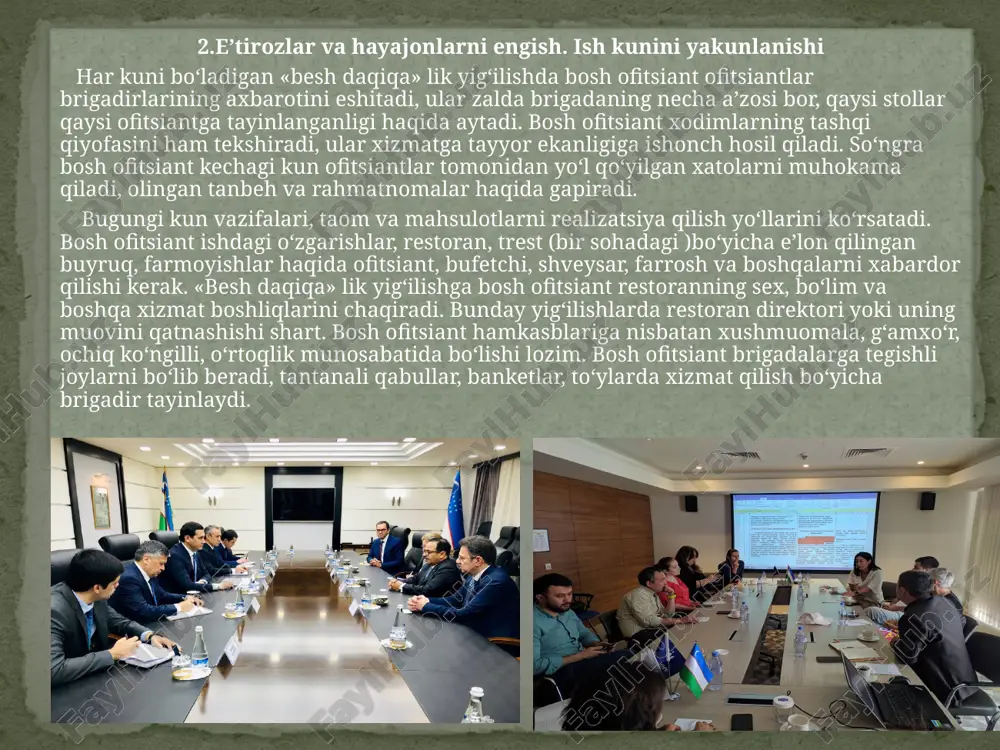laridan bahramand bo‘lishlari mumkin. pivo barlari – maxsus joylarda pivo qo‘yib sotiladi yoki shishalarda beriladi. qo‘yib sotiladigan pivolar maxsus idishlardan yoki ishlab chiqargan zavod avtotsis-ternasidan bevosita avtomatlar orqali qo‘yib sotilishi mumkin. vino barlari – mehmonxonalar, restoran, kafelar qoshida faoliyat ko‘rsatadi. yengil ovqatlantirish ham mumkin, vaqti cheklangan, shoshilgan odamlar tez tamaddi qilib ketishi uchun juda qulay joy hisoblanadi 4.barlarni jihozlanishi. barda ishlash. barlardagi servis barlar odatda ma’muriy-madaniy va savdo markazlarida, mikrorayonlarda, restoran, kafe, mehmonxonalar qoshida ochiladi. binolarning tuzilishiga ko‘ra barlar quyidagicha joylashadi: - vestibyullarda – bu yerda kishilar uchrashadilar, suhbat qiladilar; - restoran barlari – bino ichida, zalda joylashadi; - yordamchi barlar–mehmonxona qavatlarida joylashadi; - banket barlari – banket zallarida joylashadi; - mini - barlar – mehmonxonaning mehmonlar uchun mo‘ljallangan xonalarida joylashadi. bar taomnomalarida aralash-ichimliklar, shuningdek, tabiiy kuchli alkogol ichimliklar bo‘ladi. har xil gazaklar mijozlar xohishiga qarab beriladi. hamma barlarda stereofonik ovoz chiqaradigan apparat, televizor, videomagnitafonlar, o‘yin avtomatlari bo‘lishi kerak. 50 …