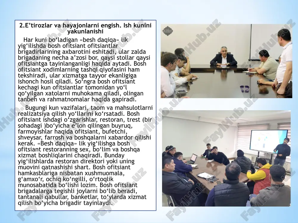 laridan bahramand bo‘lishlari mumkin. pivo barlari – maxsus joylarda pivo qo‘yib sotiladi yoki shishalarda beriladi. qo‘yib sotiladigan pivolar maxsus idishlardan yoki ishlab chiqargan zavod avtotsis-ternasidan bevosita avtomatlar orqali qo‘yib sotilishi mumkin. vino barlari – mehmonxonalar, restoran, kafelar qoshida faoliyat ko‘rsatadi. yengil ovqatlantirish ham mumkin, vaqti cheklangan, shoshilgan odamlar tez tamaddi qilib ketishi uchun juda qulay joy hisoblanadi 4.barlarni jihozlanishi. barda ishlash. barlardagi servis barlar odatda ma’muriy-madaniy va savdo markazlarida, mikrorayonlarda, restoran, kafe, mehmonxonalar qoshida ochiladi. binolarning tuzilishiga ko‘ra barlar quyidagicha joylashadi: - vestibyullarda – bu yerda kishilar uchrashadilar, suhbat qiladilar; - restoran barlari – bino ichida, zalda joylashadi; - yordamchi barlar–mehmonxona qavatlarida joylashadi; - banket barlari – banket zallarida joylashadi; - mini - barlar – mehmonxonaning mehmonlar uchun mo‘ljallangan xonalarida joylashadi. bar taomnomalarida aralash-ichimliklar, shuningdek, tabiiy kuchli alkogol ichimliklar bo‘ladi. har xil gazaklar mijozlar xohishiga qarab beriladi. hamma barlarda stereofonik ovoz chiqaradigan apparat, televizor, videomagnitafonlar, o‘yin avtomatlari bo‘lishi kerak. 50 …